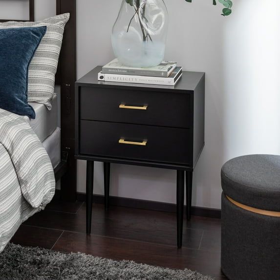 Evie 20" Solid Black Mid-Century Modern 2-Drawer Nightstand Set
