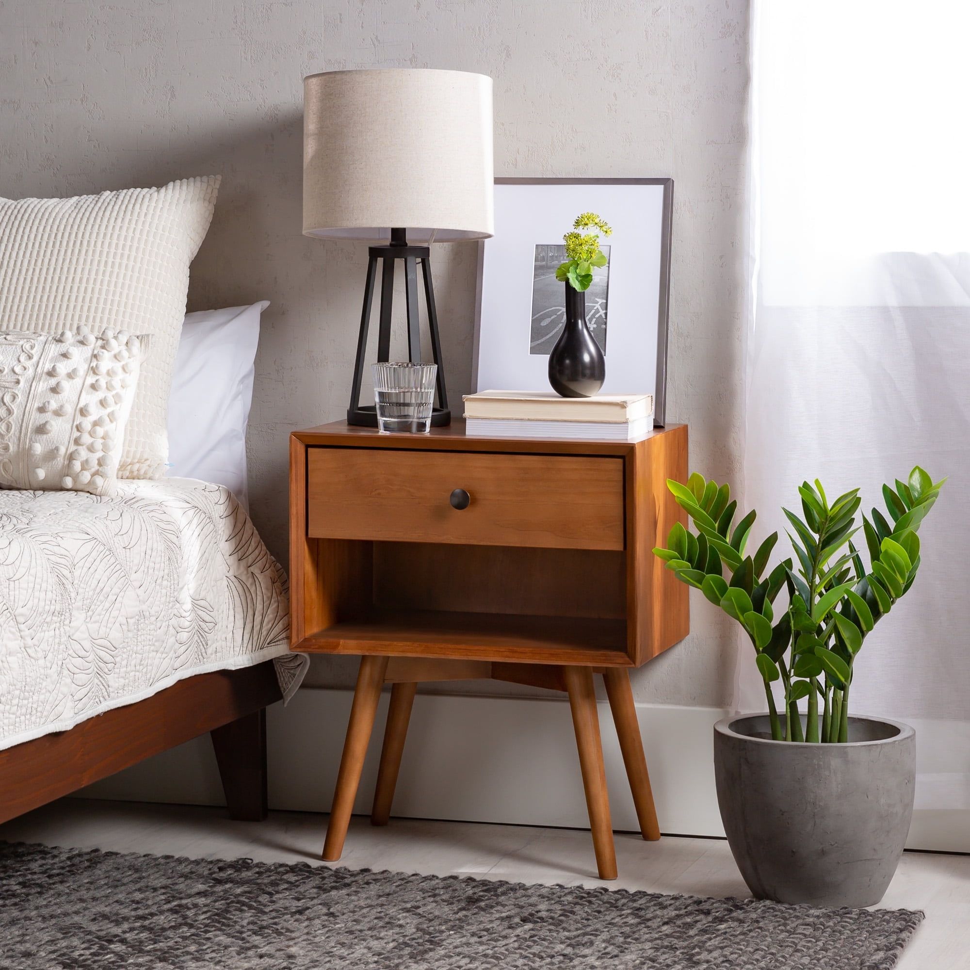 Mid-Century Caramel Solid Pine Nightstand with Antique Metal Hardware