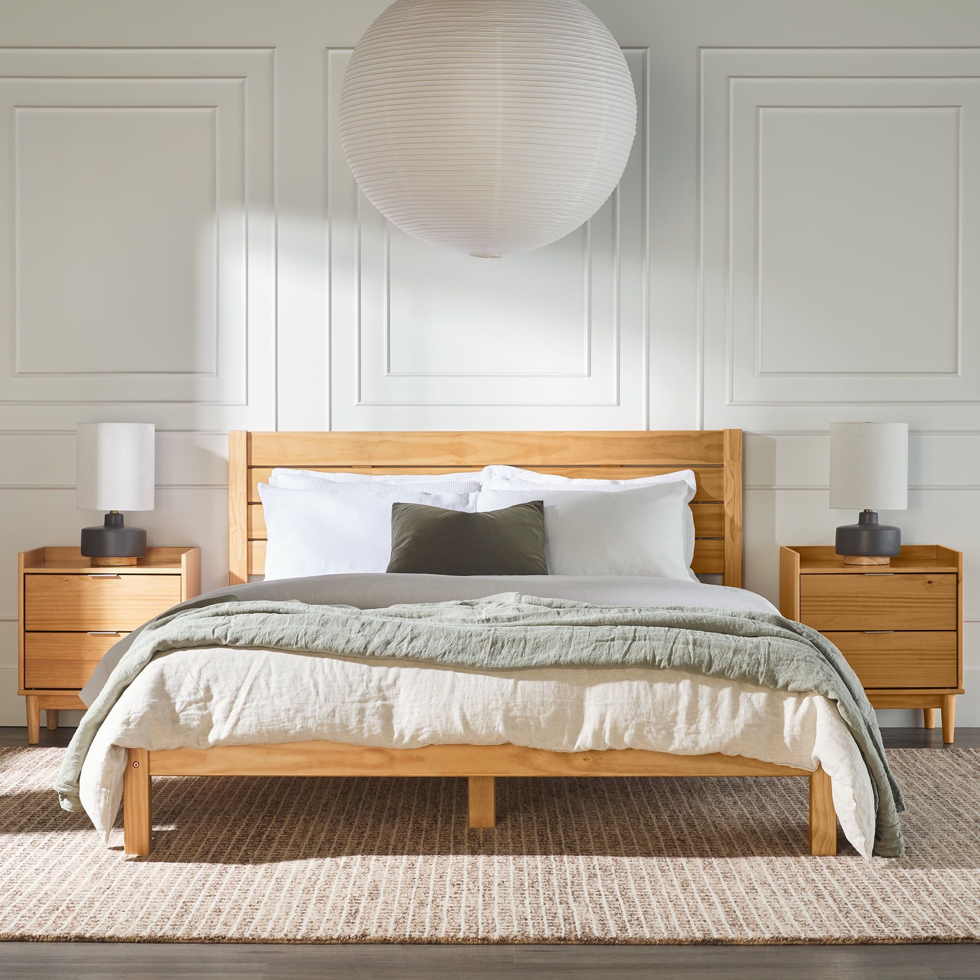 Natural Pine Queen Platform Bed with Slatted Headboard