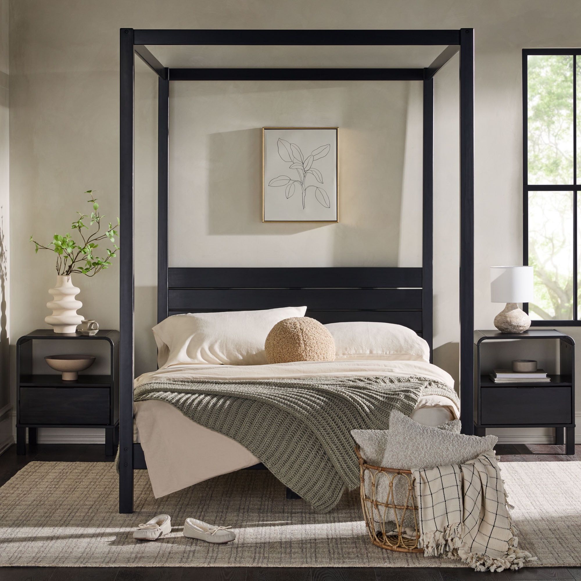 Black Full Solid Wood Canopy Bed with Slatted Headboard