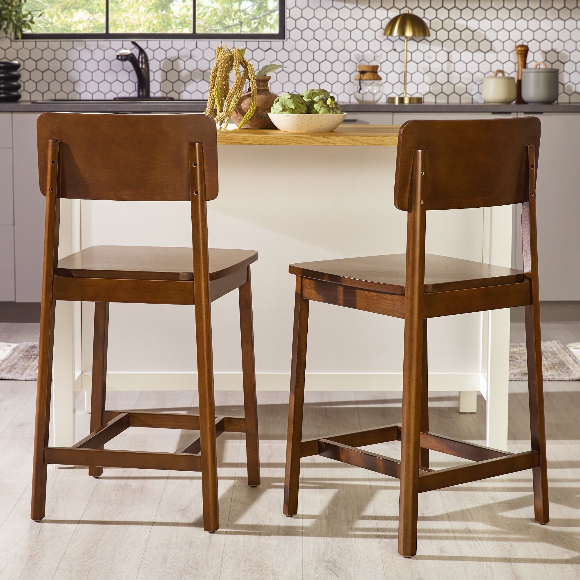 Walker Edison Walnut Adjustable Solid Wood Counter Stools, Set of 2