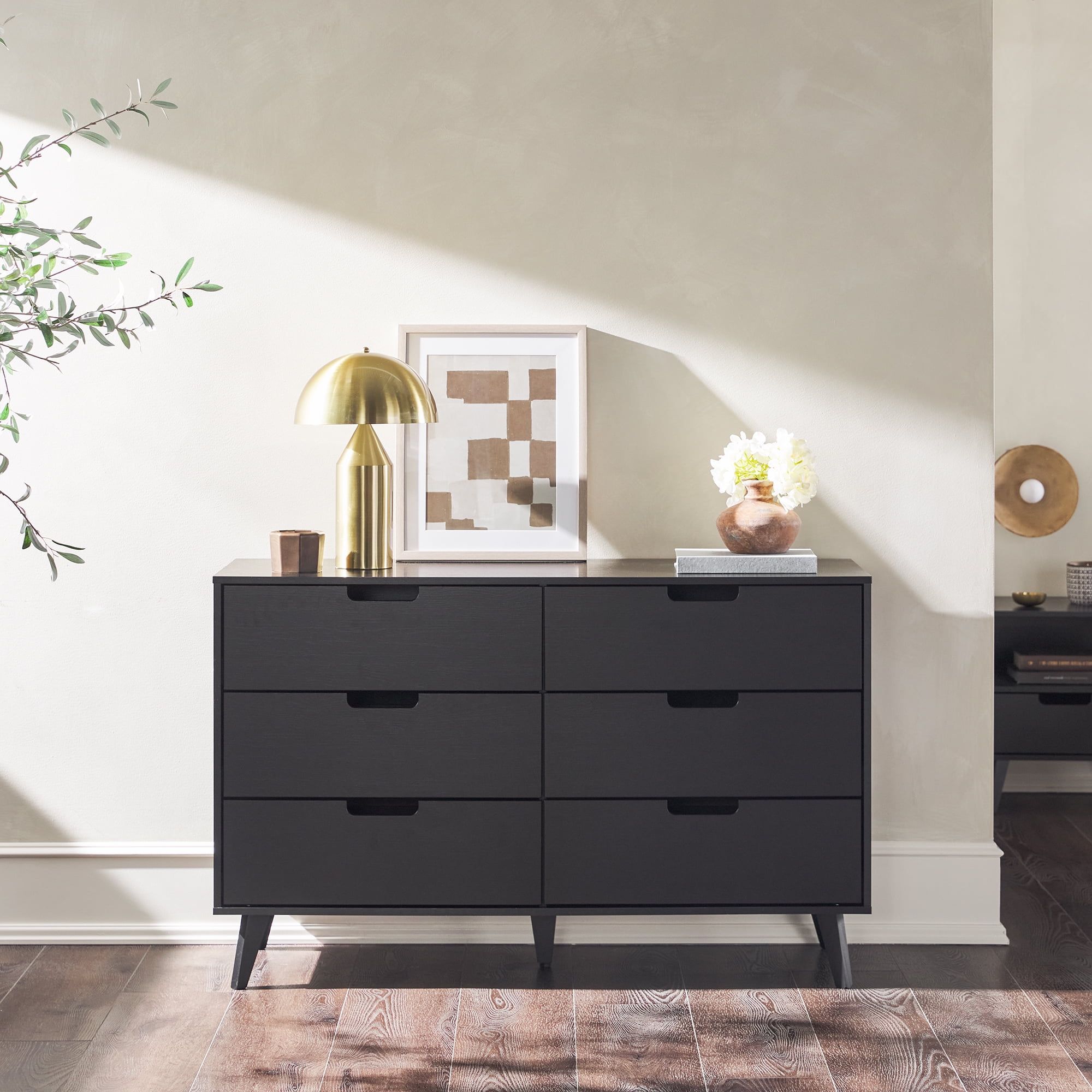 Black Mid-Century Modern 6-Drawer Dresser with Cut-Out Handles