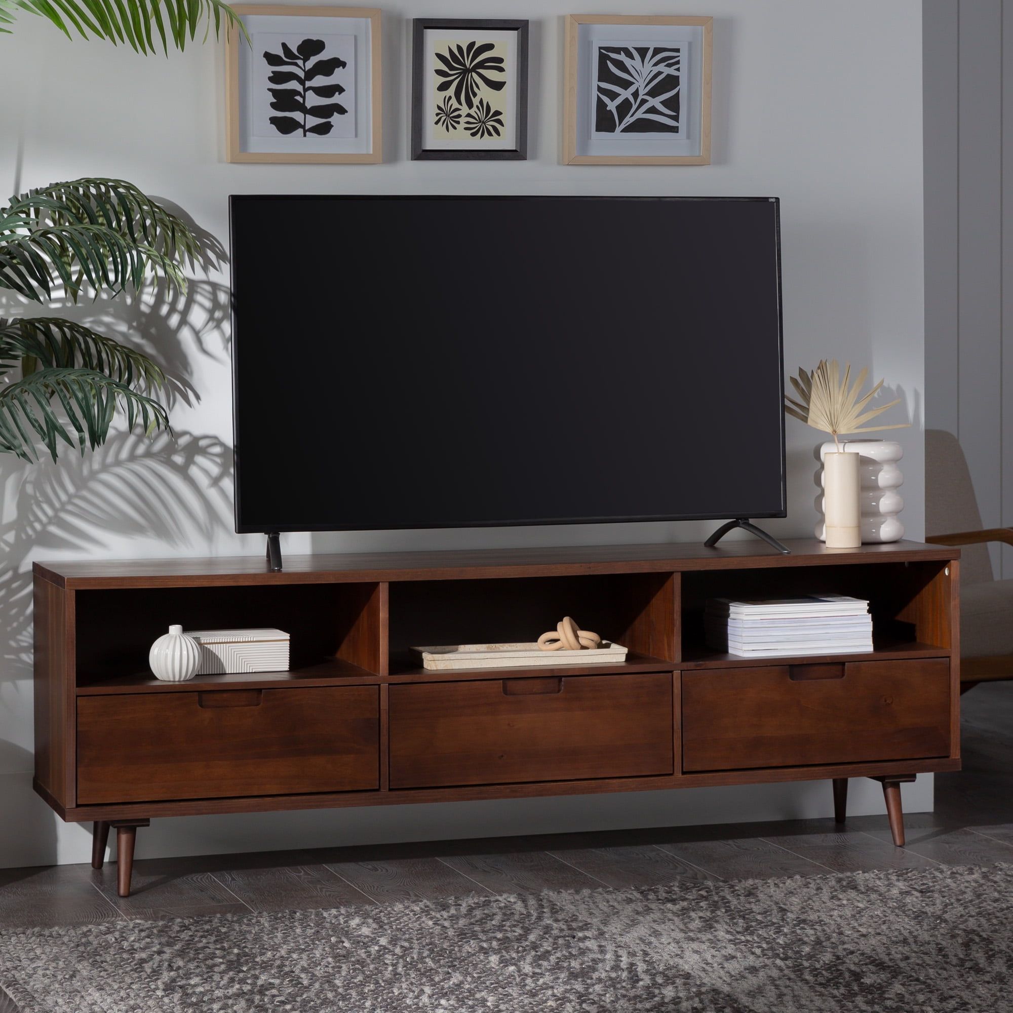 Walnut 70" Solid Wood TV Stand with Cabinet and Drawers