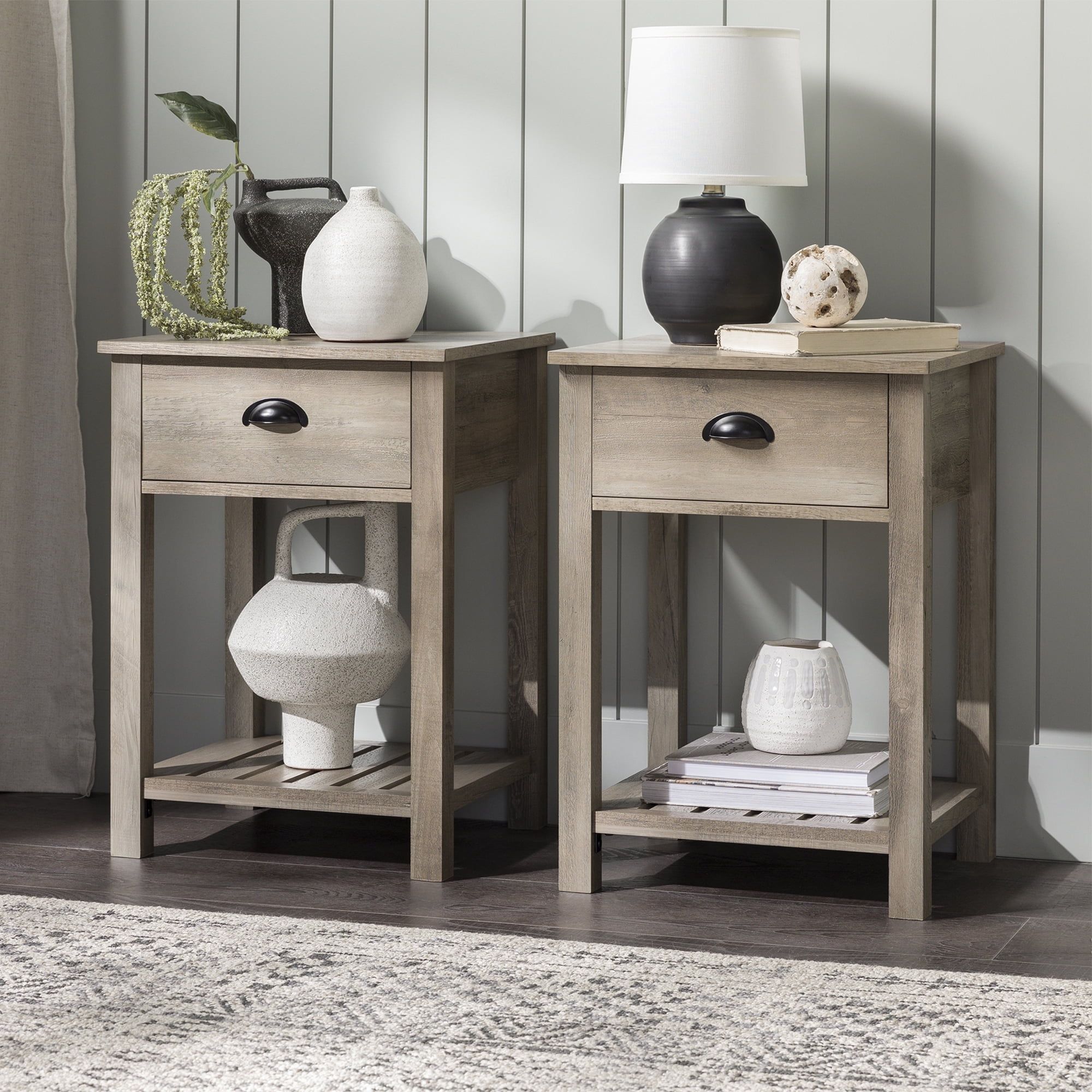 Gray Wash Farmhouse End Table Set with Storage
