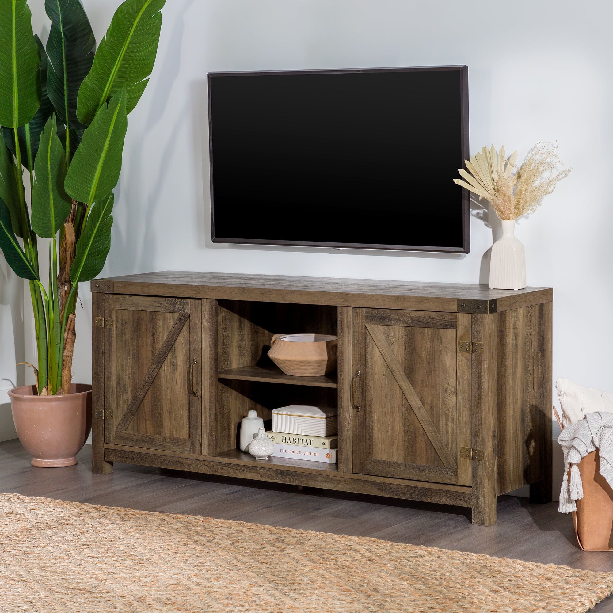 Rustic Oak 58" Modern Farmhouse Barn Door Media Console