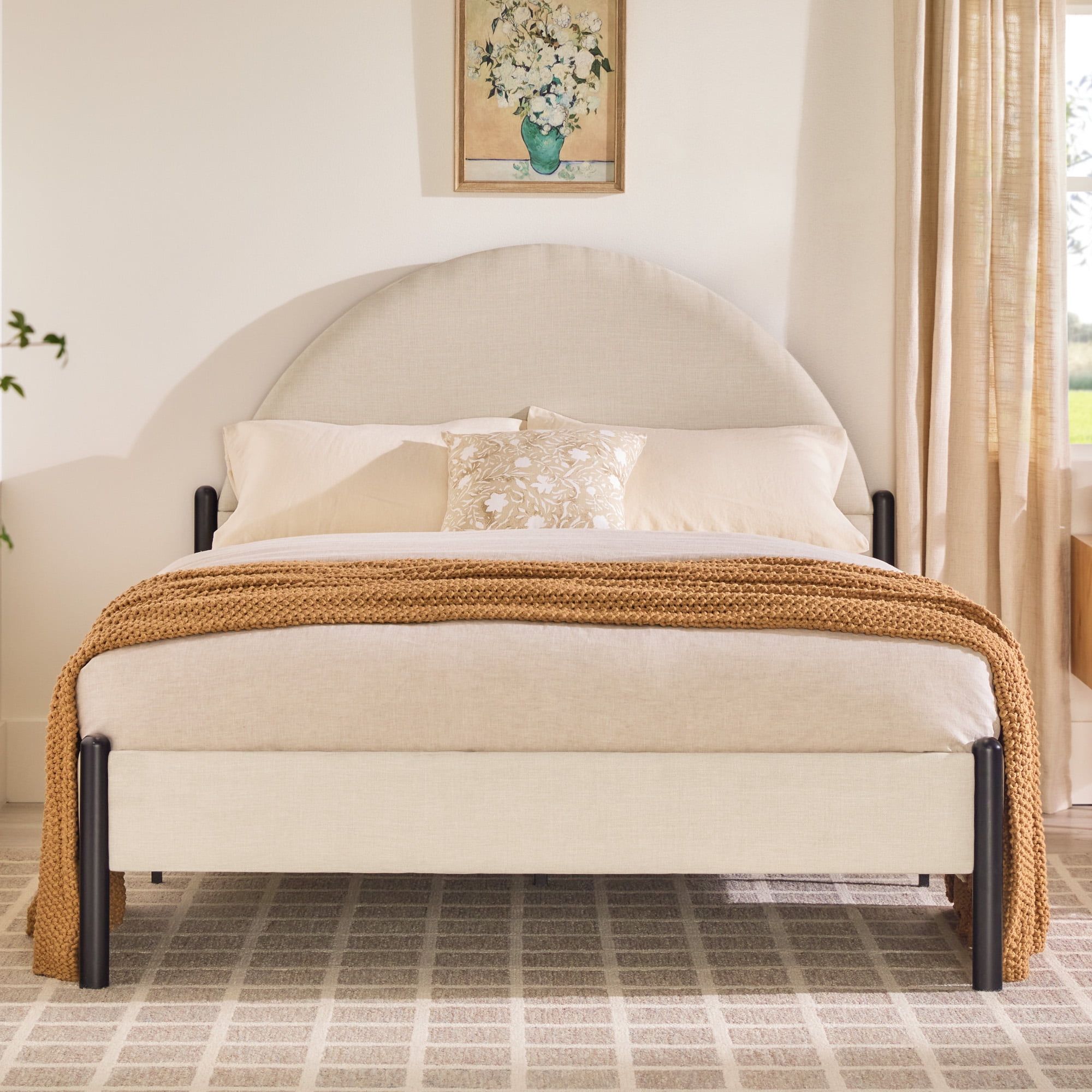 Oatmeal Upholstered Metal Queen Bed with Arched Headboard