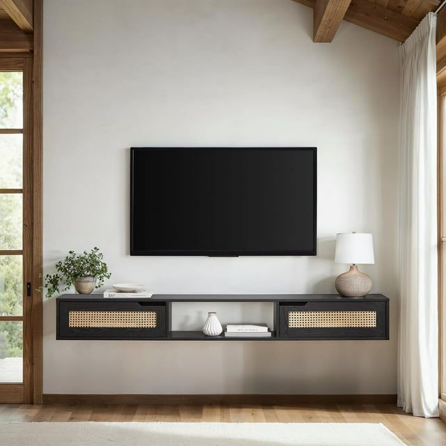 70" Black Wood Floating TV Stand with Rattan Doors