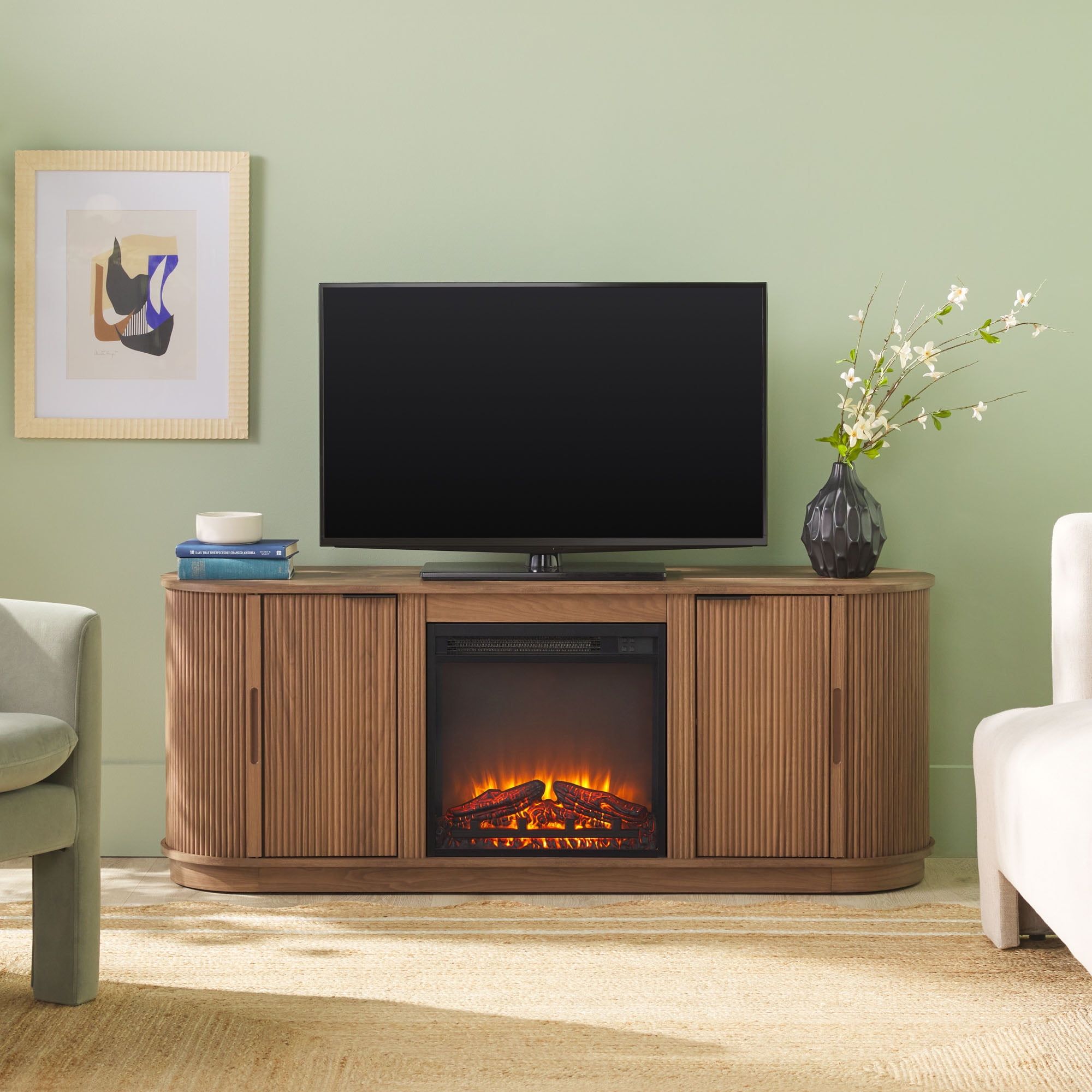 Mocha 60" Reeded Fireplace TV Stand with Cabinet