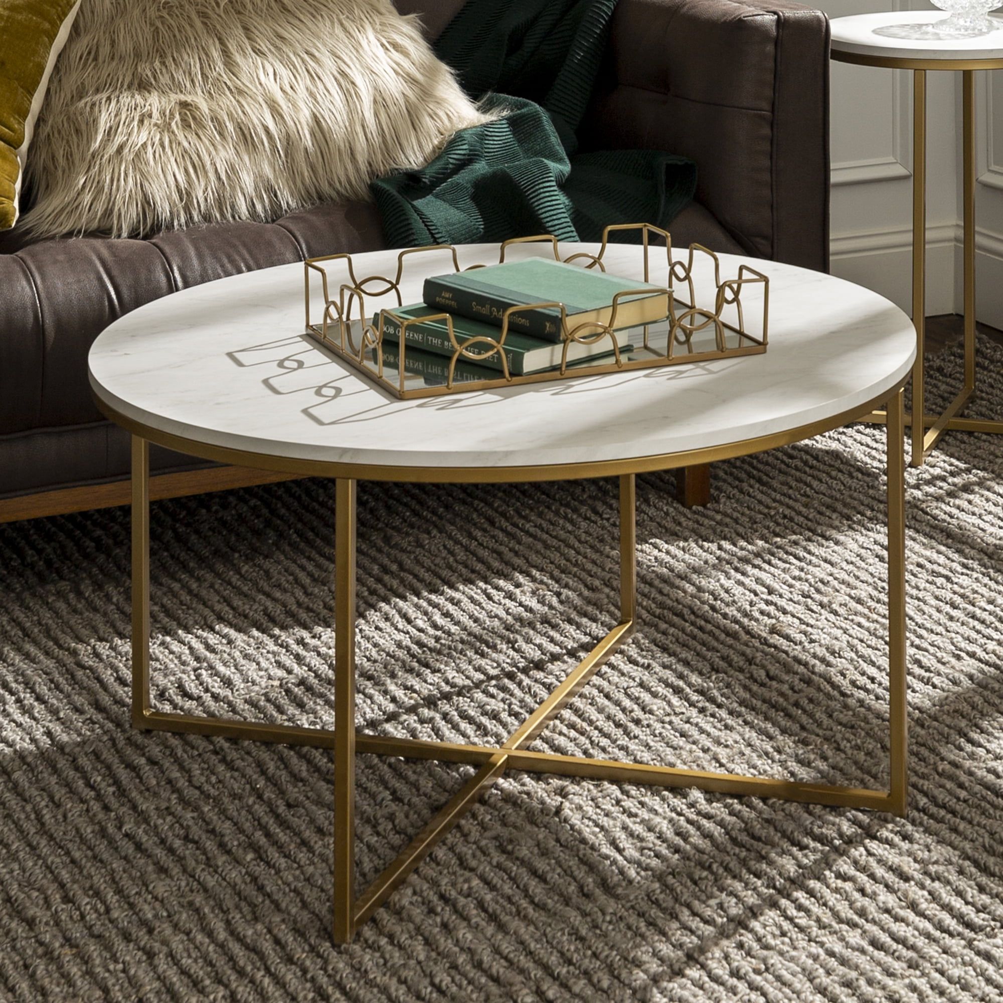 Modern Round Faux Marble and Gold Coffee Table