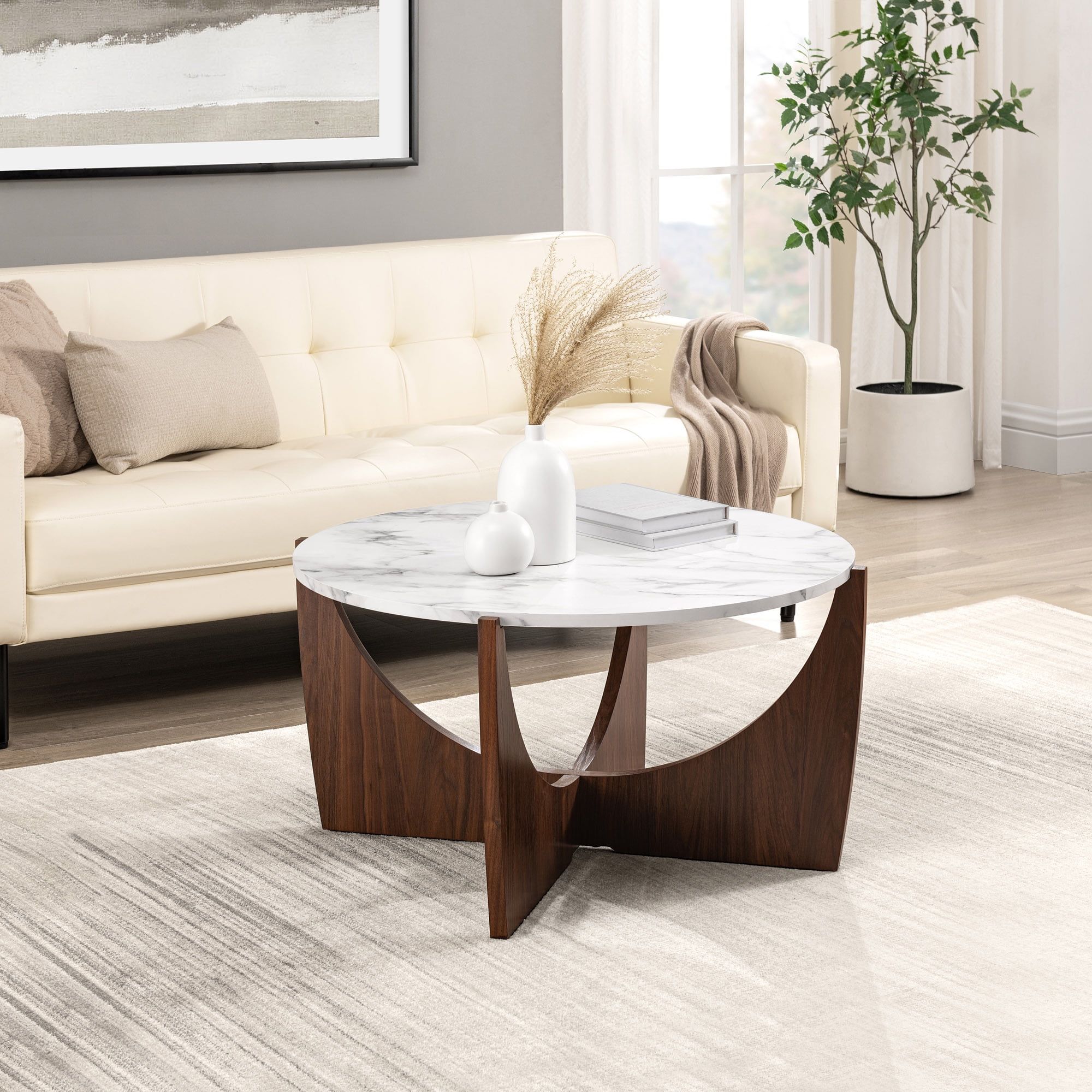 Calacatta Marble and Dark Walnut Round 35" Coffee Table