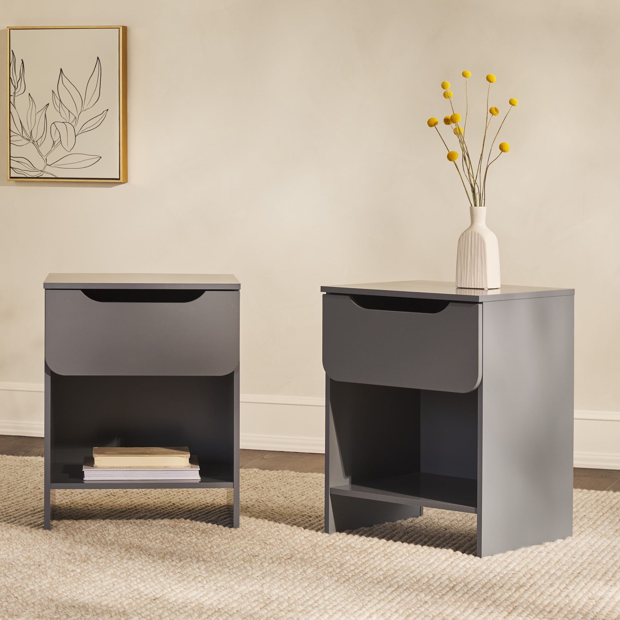 Dark Grey 1-Drawer Nightstand Set with Open Cubby, 2-Pack