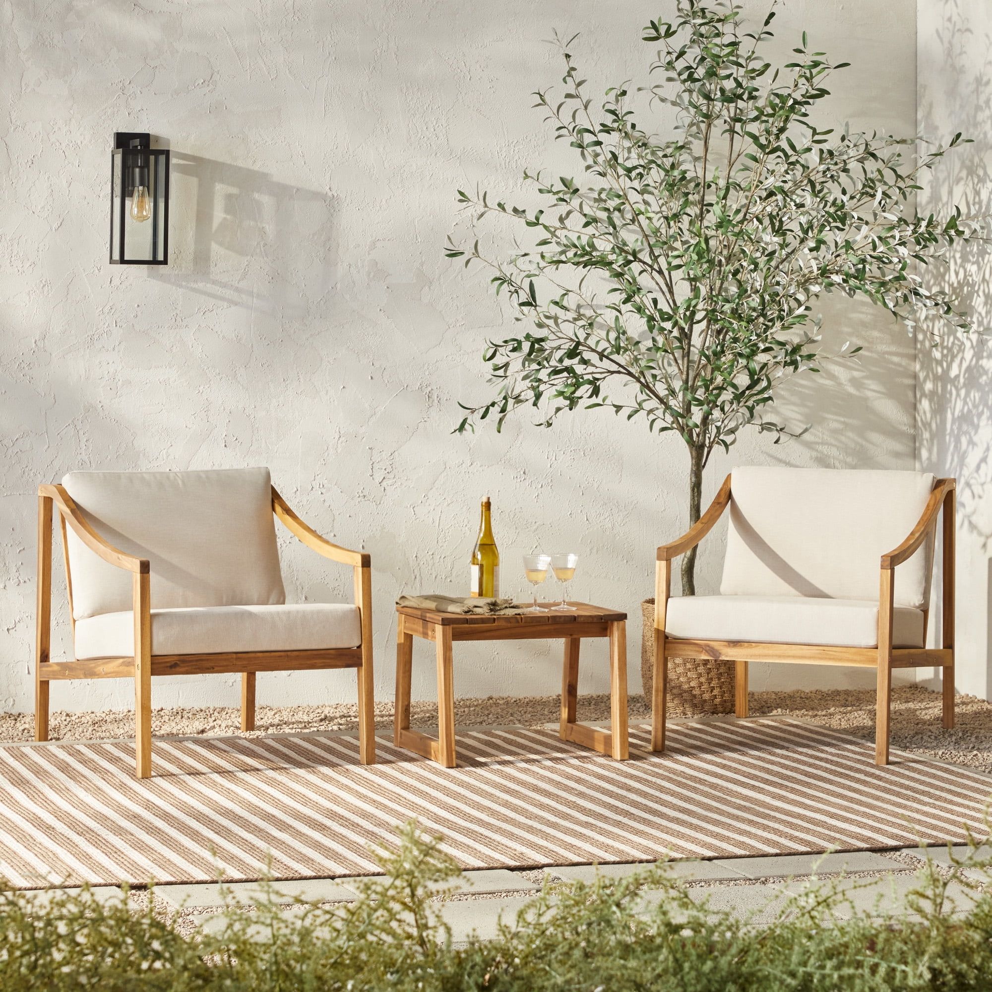 Natural Acacia Wood 3-Piece Outdoor Chat Set with Cushions