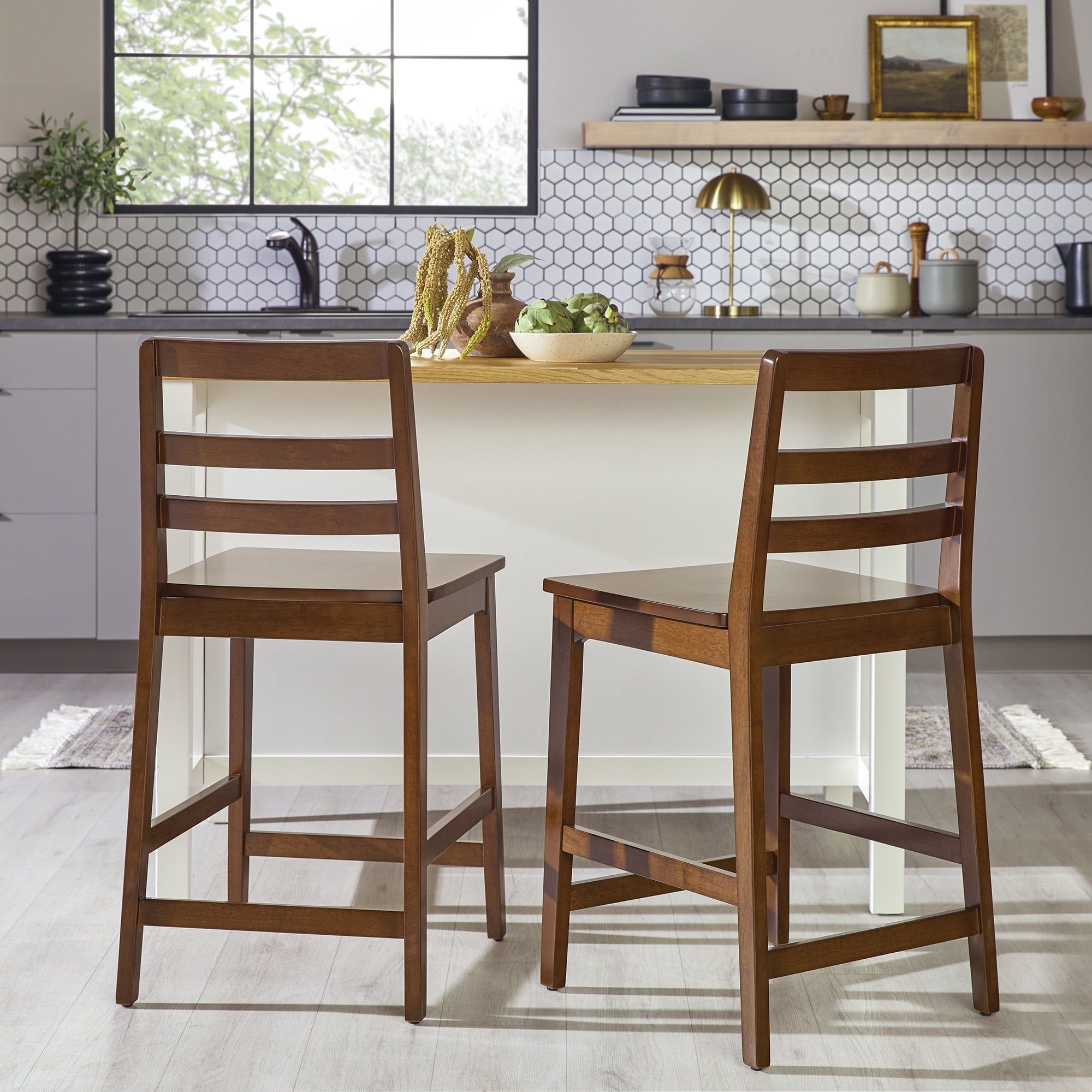 Walnut Adjustable Solid Wood Ladder-Back Counter Stools, Set of 2