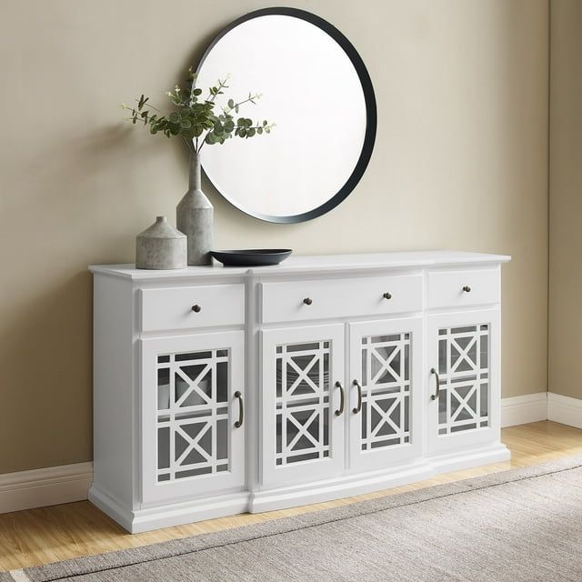 White 60-Inch Sideboard with Fretwork Detail and Cabinet