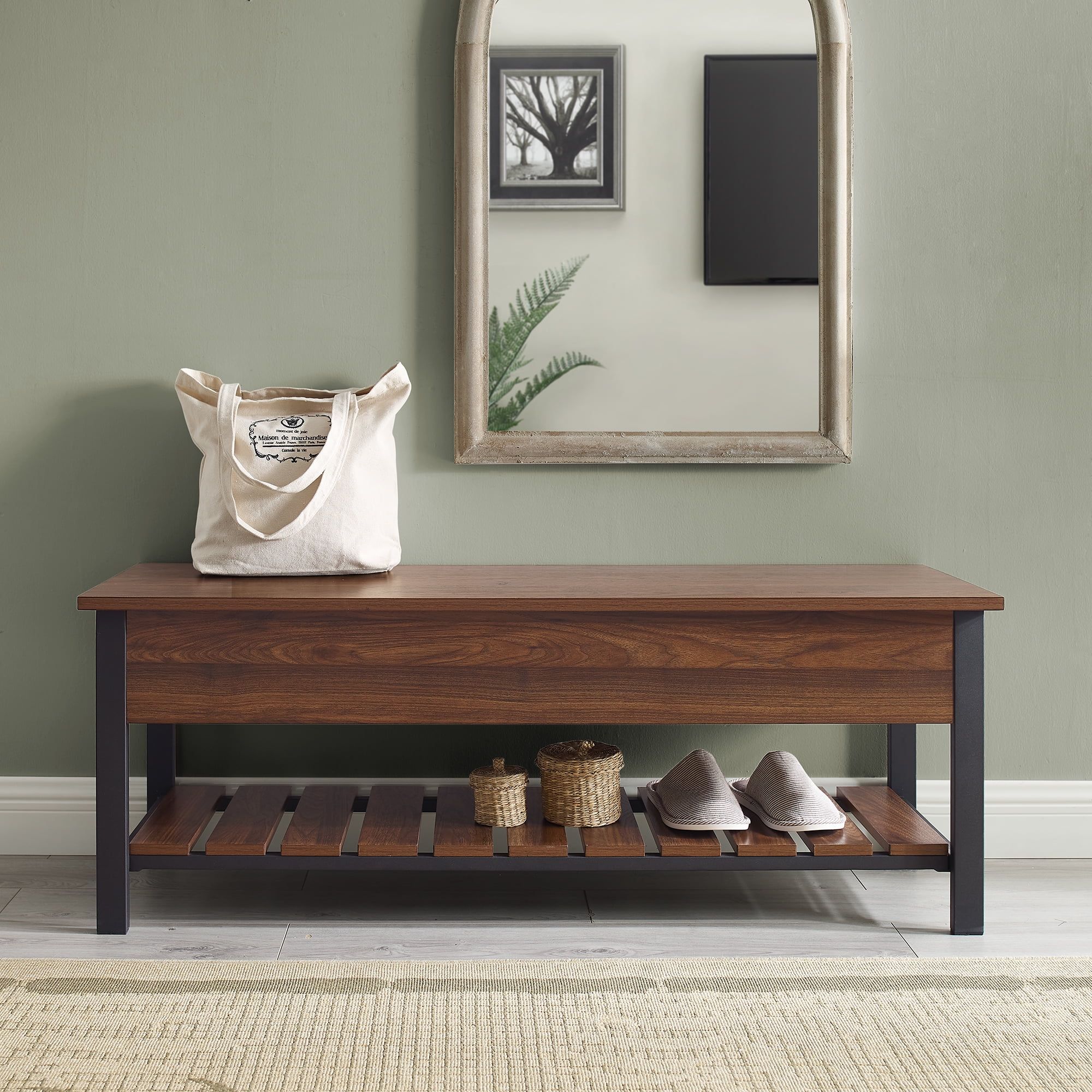 Farmhouse Dark Walnut Entryway Bench with Storage and Shoe Rack