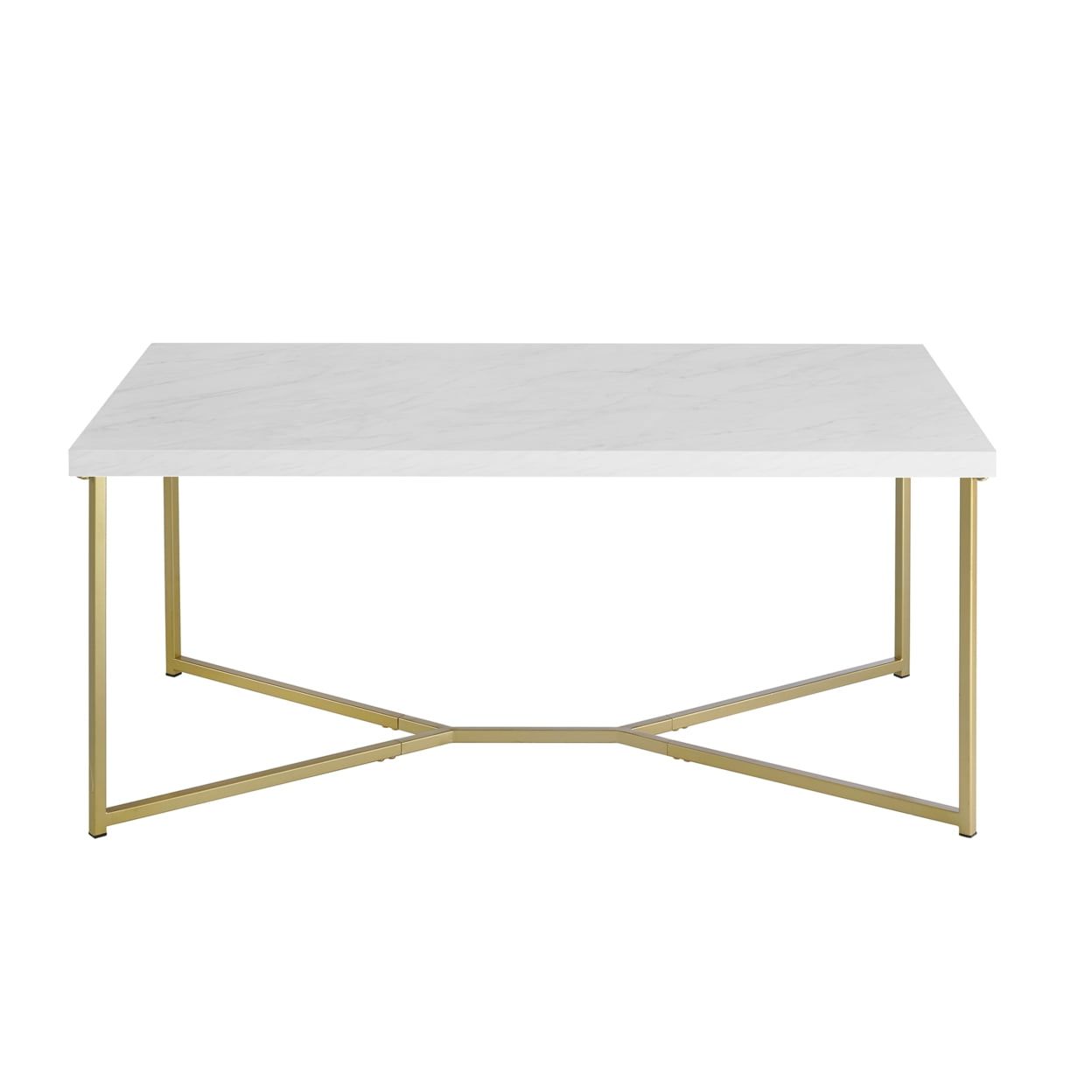 Elegant White Faux Marble and Gold Metal Rectangular Coffee Table