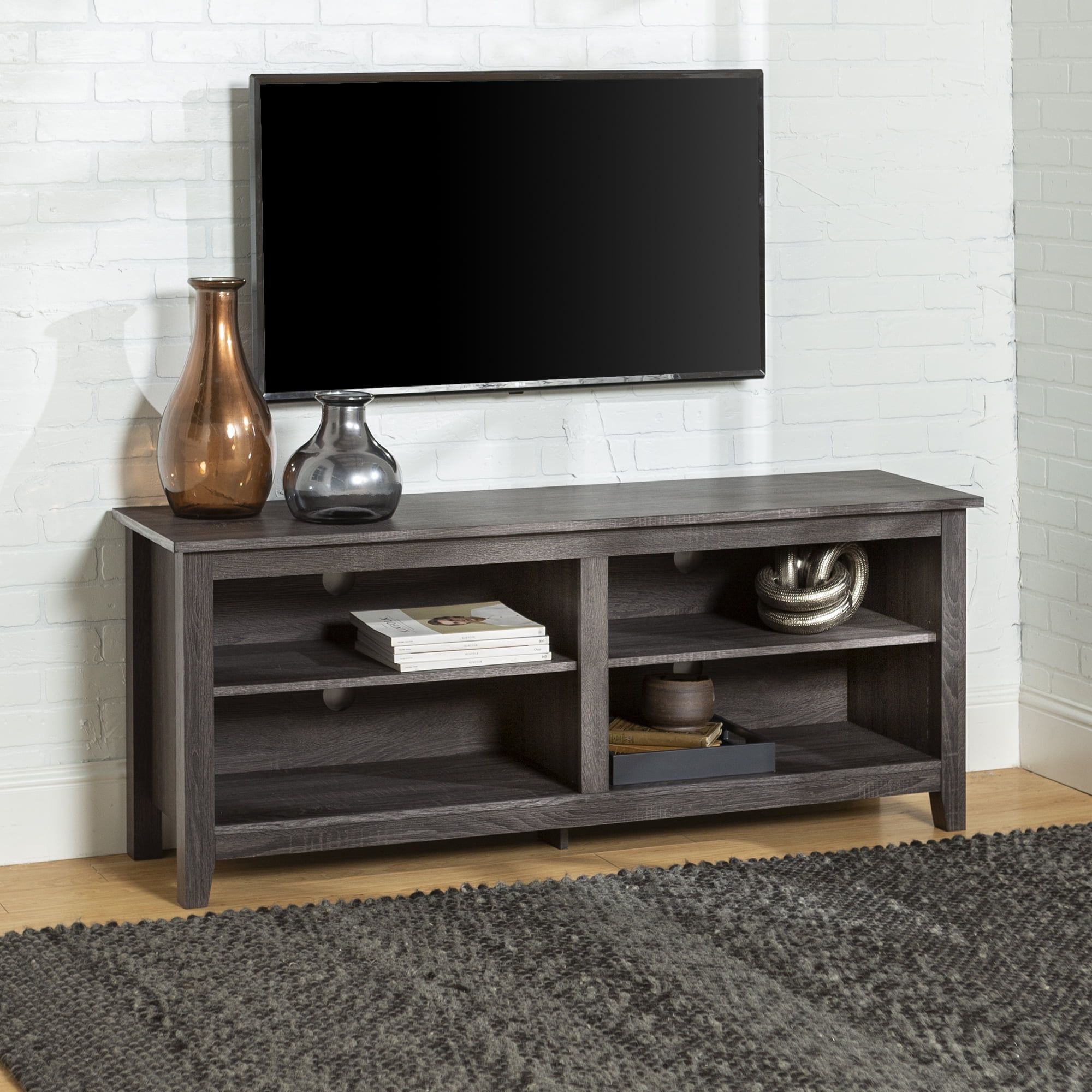 Charcoal Gray MDF Contemporary TV Stand with Shelves