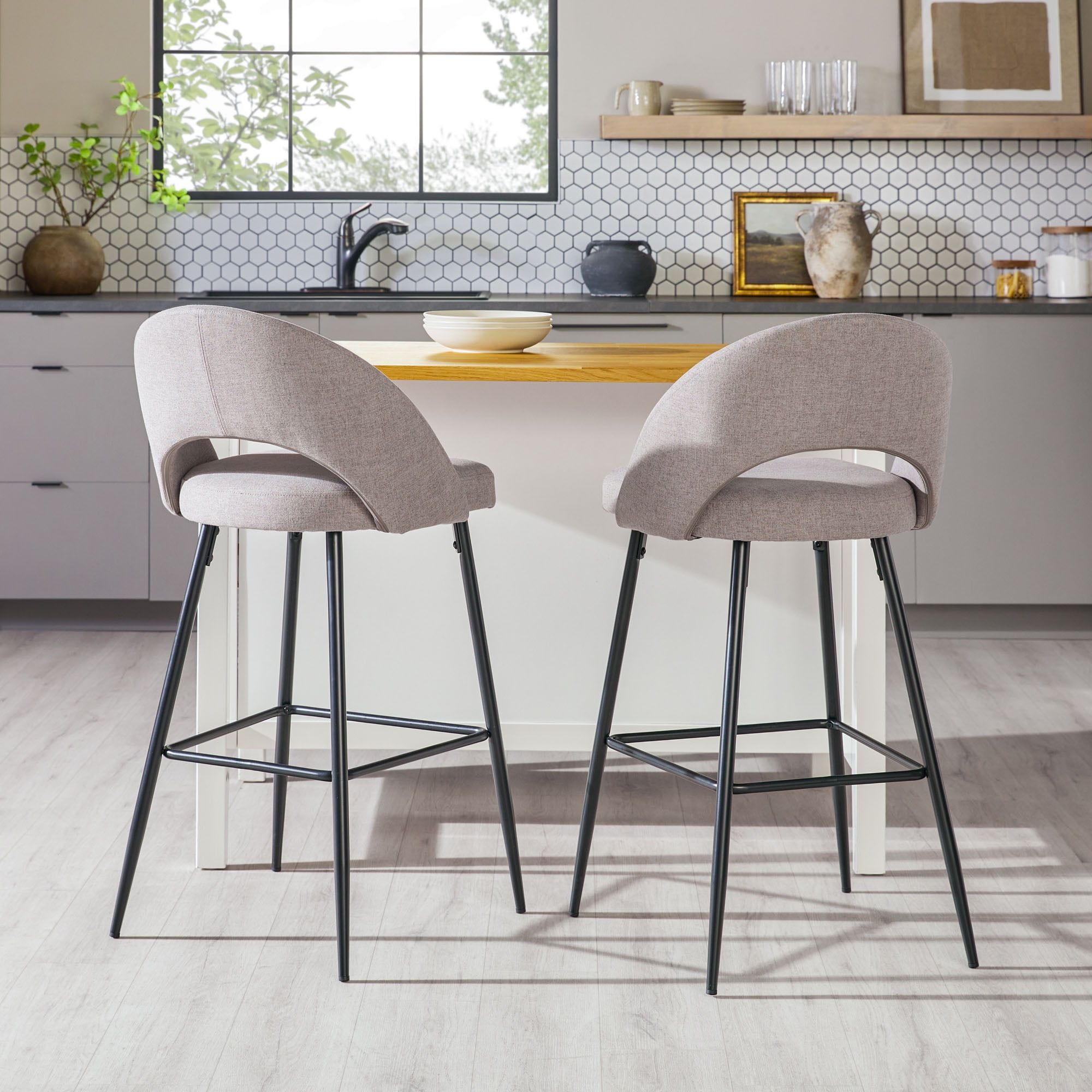 Mushroom Upholstered Metal Frame Bar-Height Stools, Set of 2