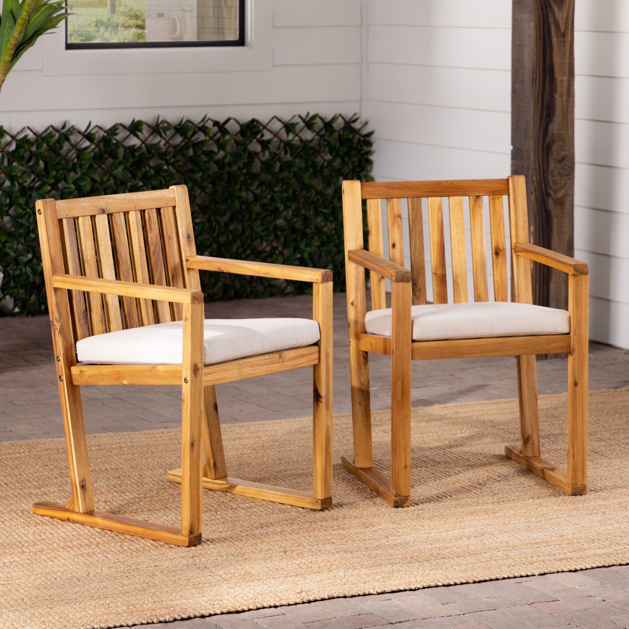 Brown Acacia Wood Slat-Back Outdoor Dining Chairs with Cushions, Set of 2