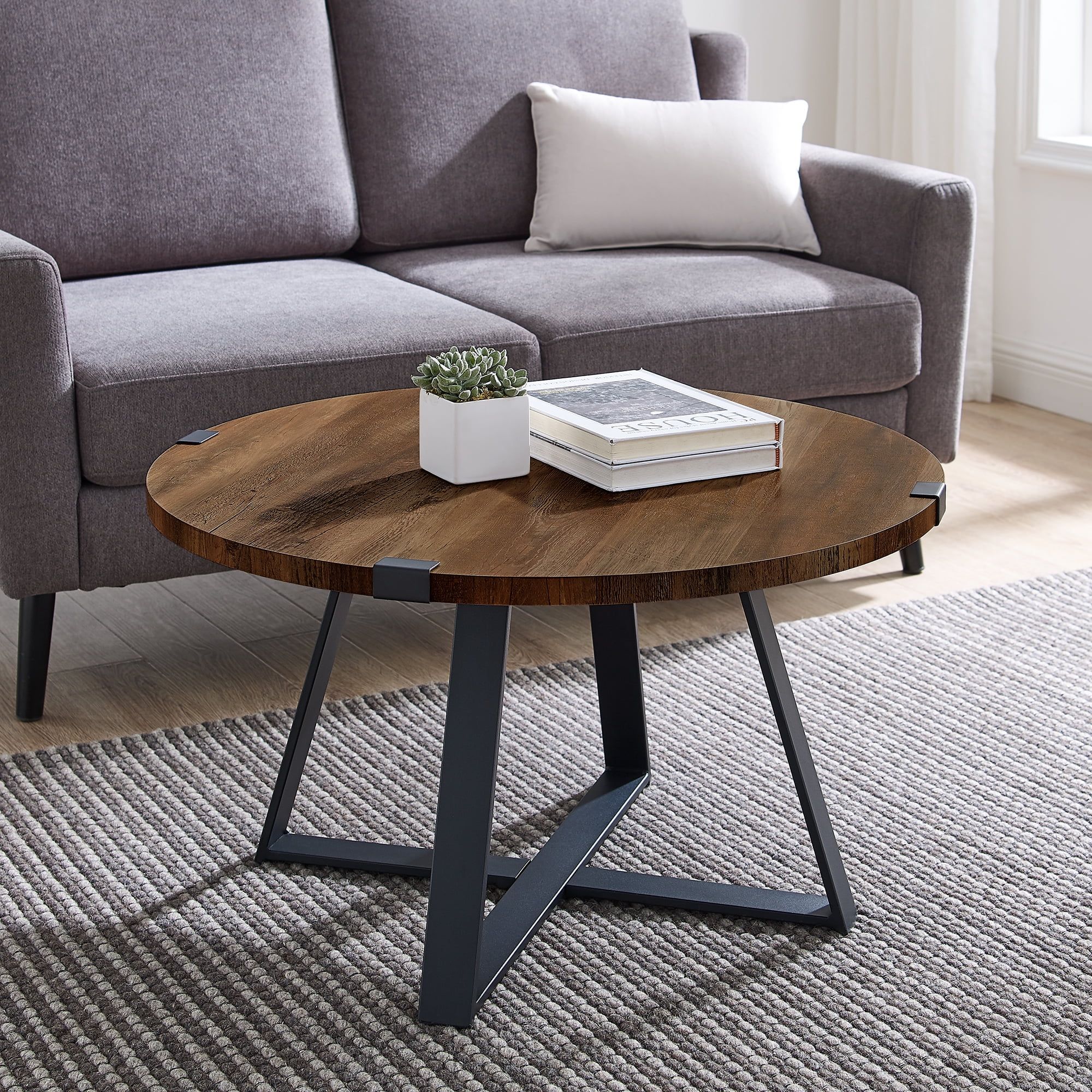 Rustic Oak 31" Round Laminate & Metal Coffee Table