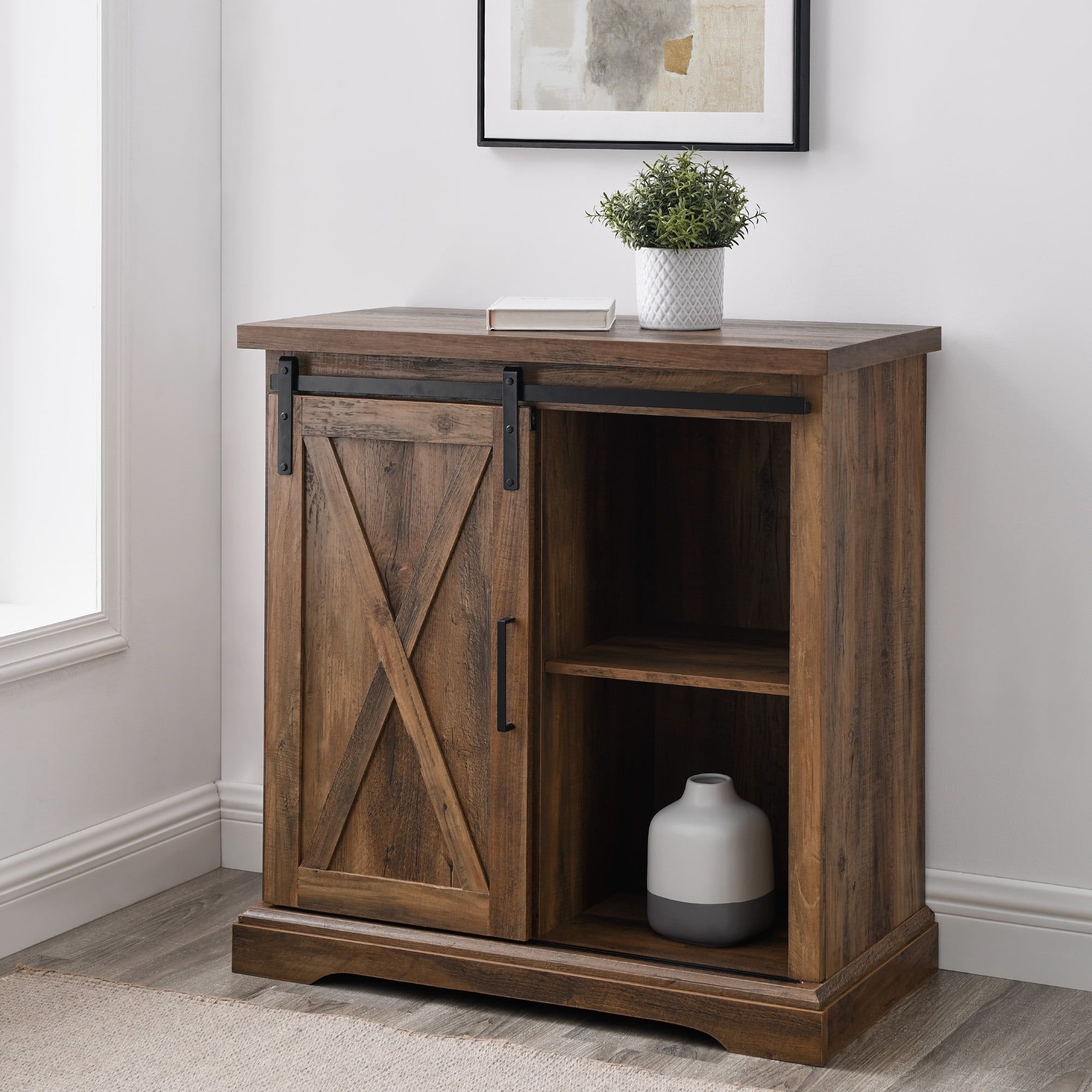 Rustic Oak Sliding Barn Door Accent Cabinet