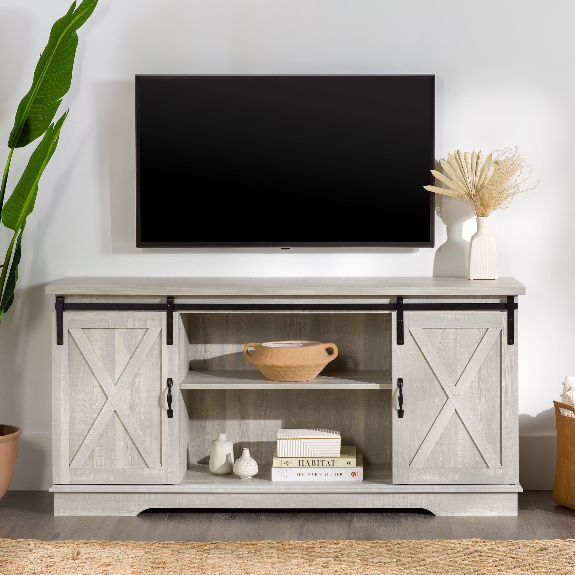 Stone Grey Modern Farmhouse 58" TV Stand with Barn Door Cabinets