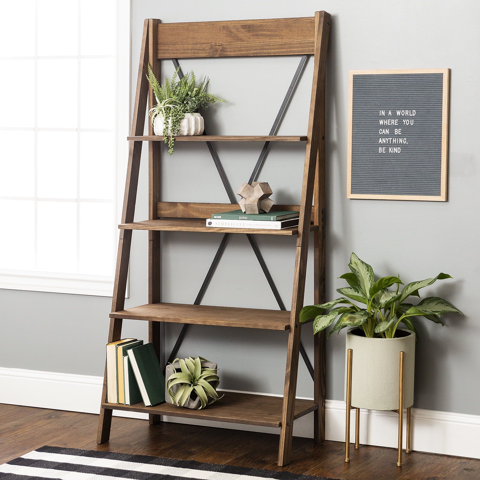 Farmhouse Brown Solid Wood Ladder Bookcase with Metal X Back