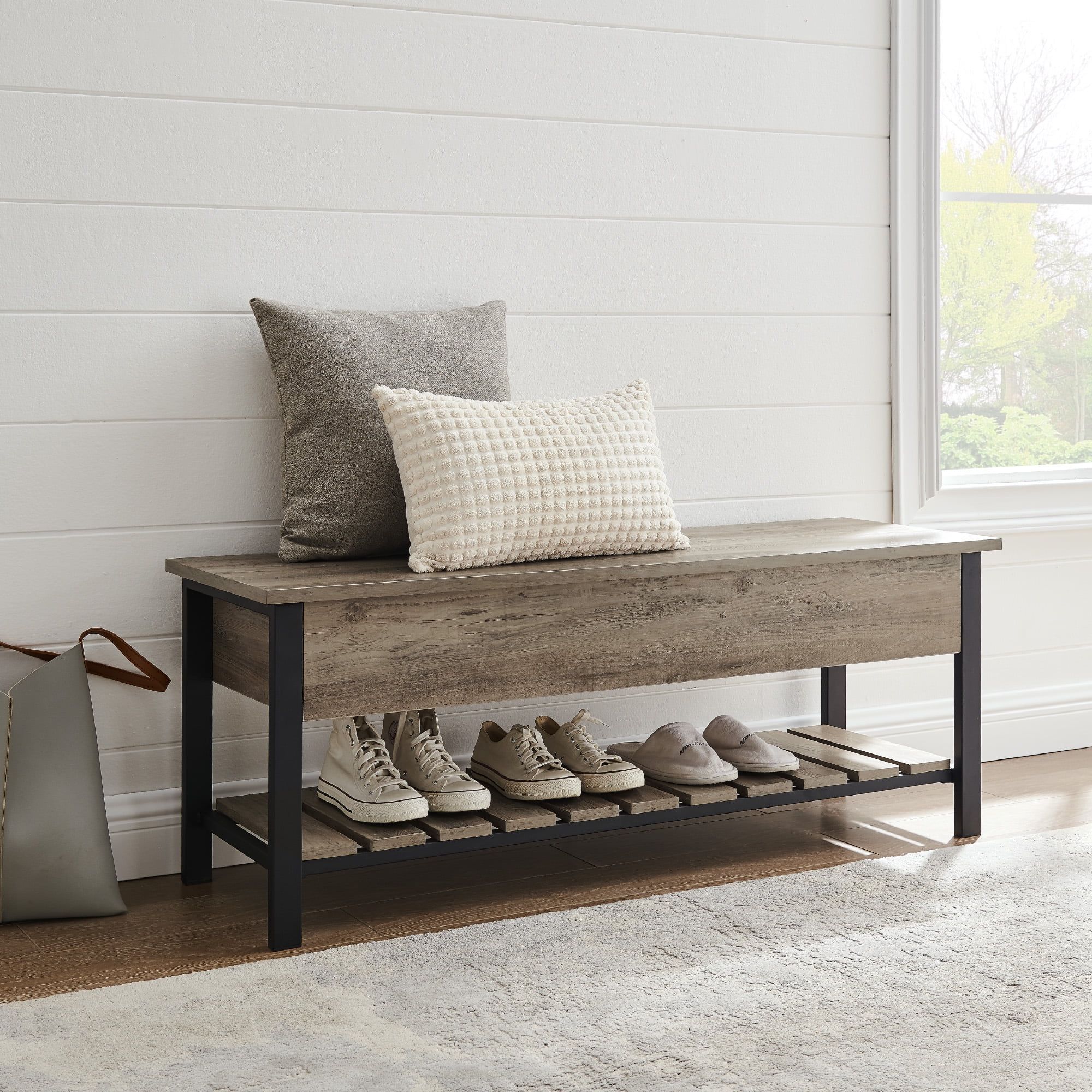 Grey Wash MDF and Metal Storage Bench with Shelf