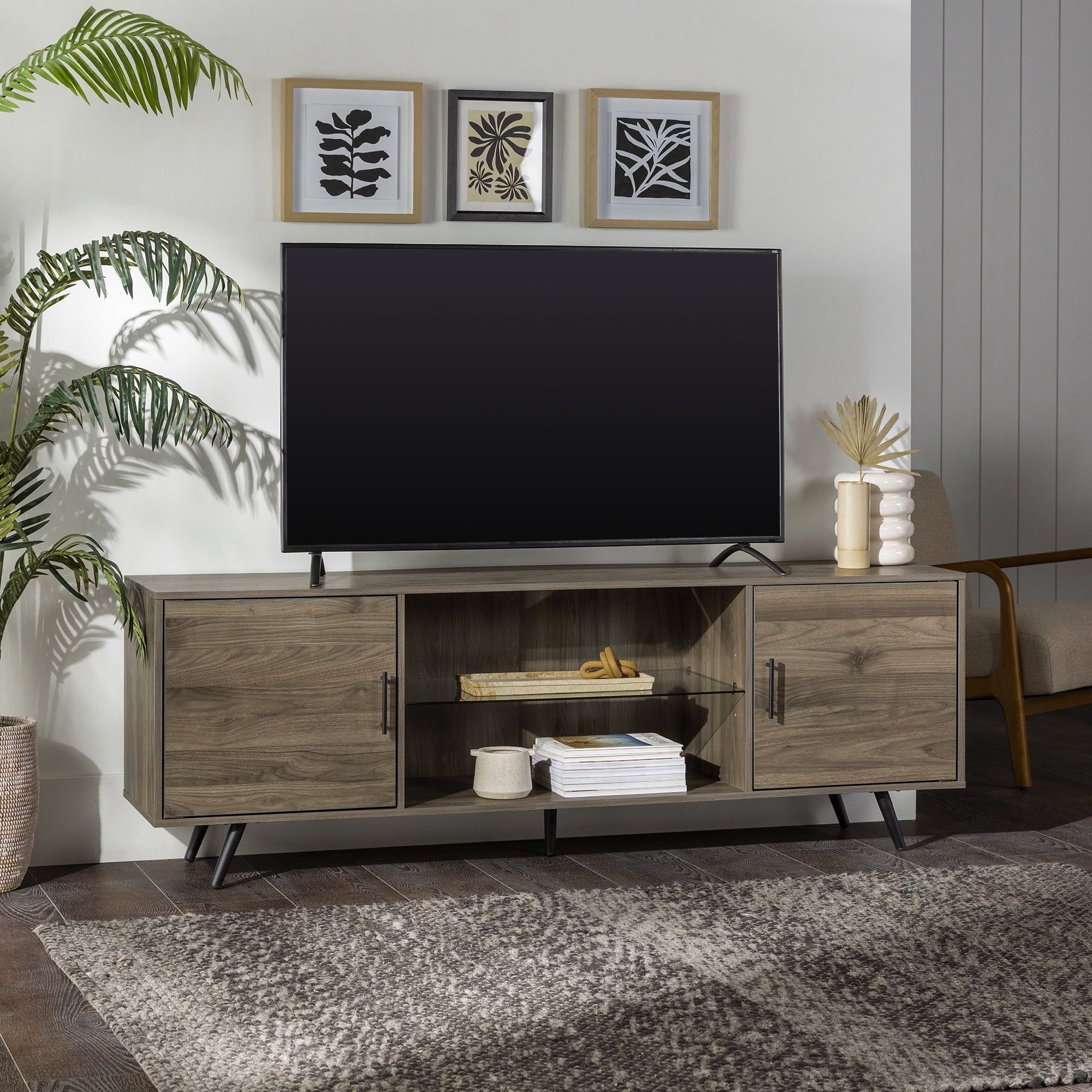 Slate Grey 70" MDF and Glass TV Stand with Cabinet