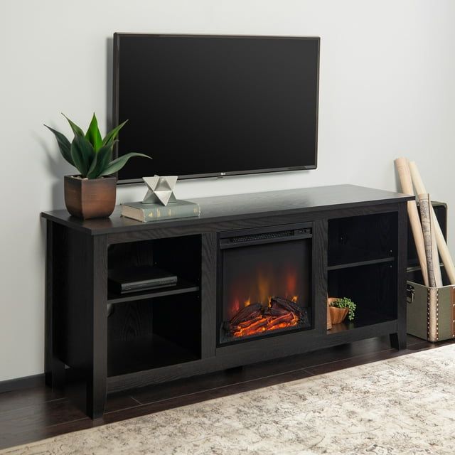 Essential 58" Black Wood Media Stand with Electric Fireplace