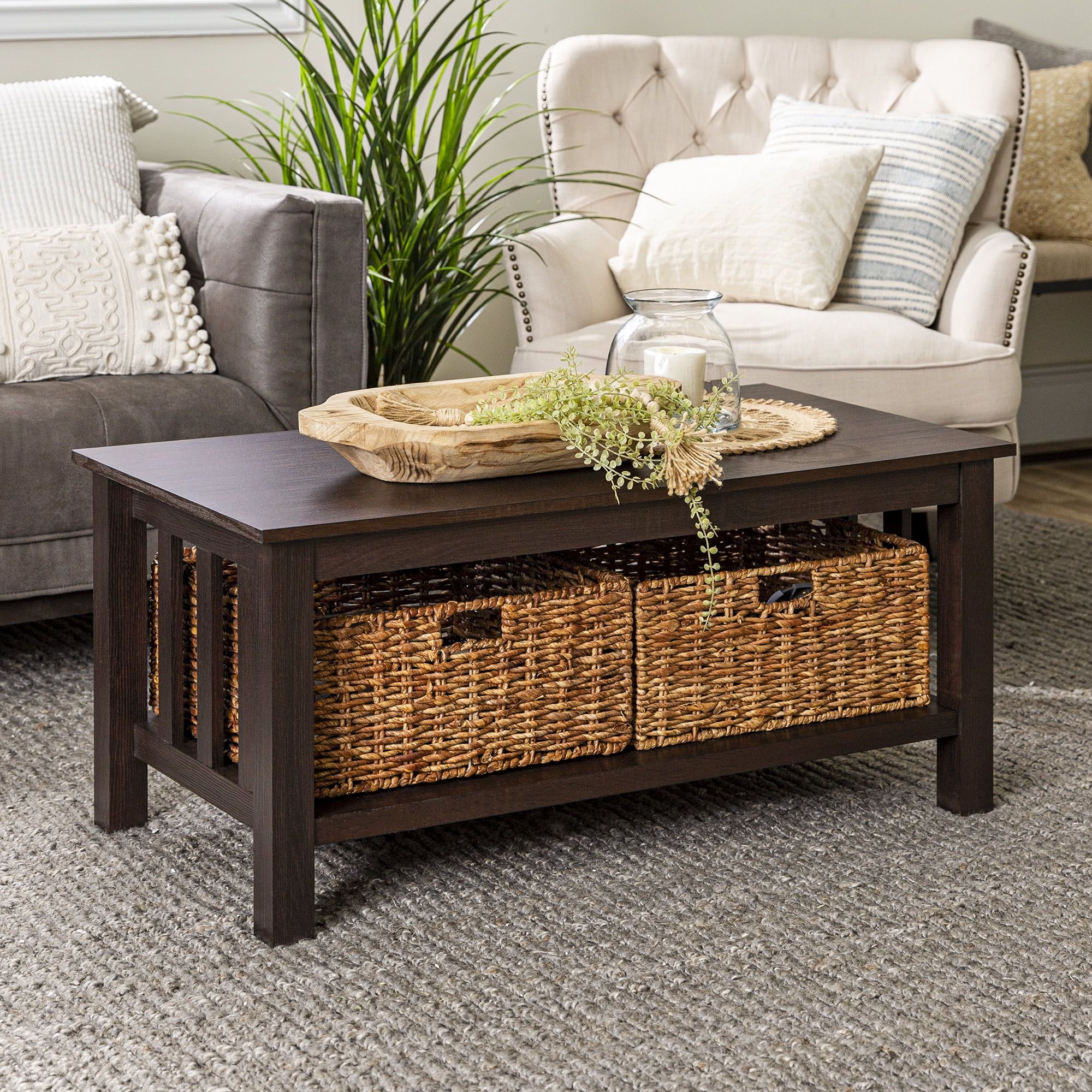 Espresso Elegance 40" Rectangular Coffee Table with Wicker Storage Baskets