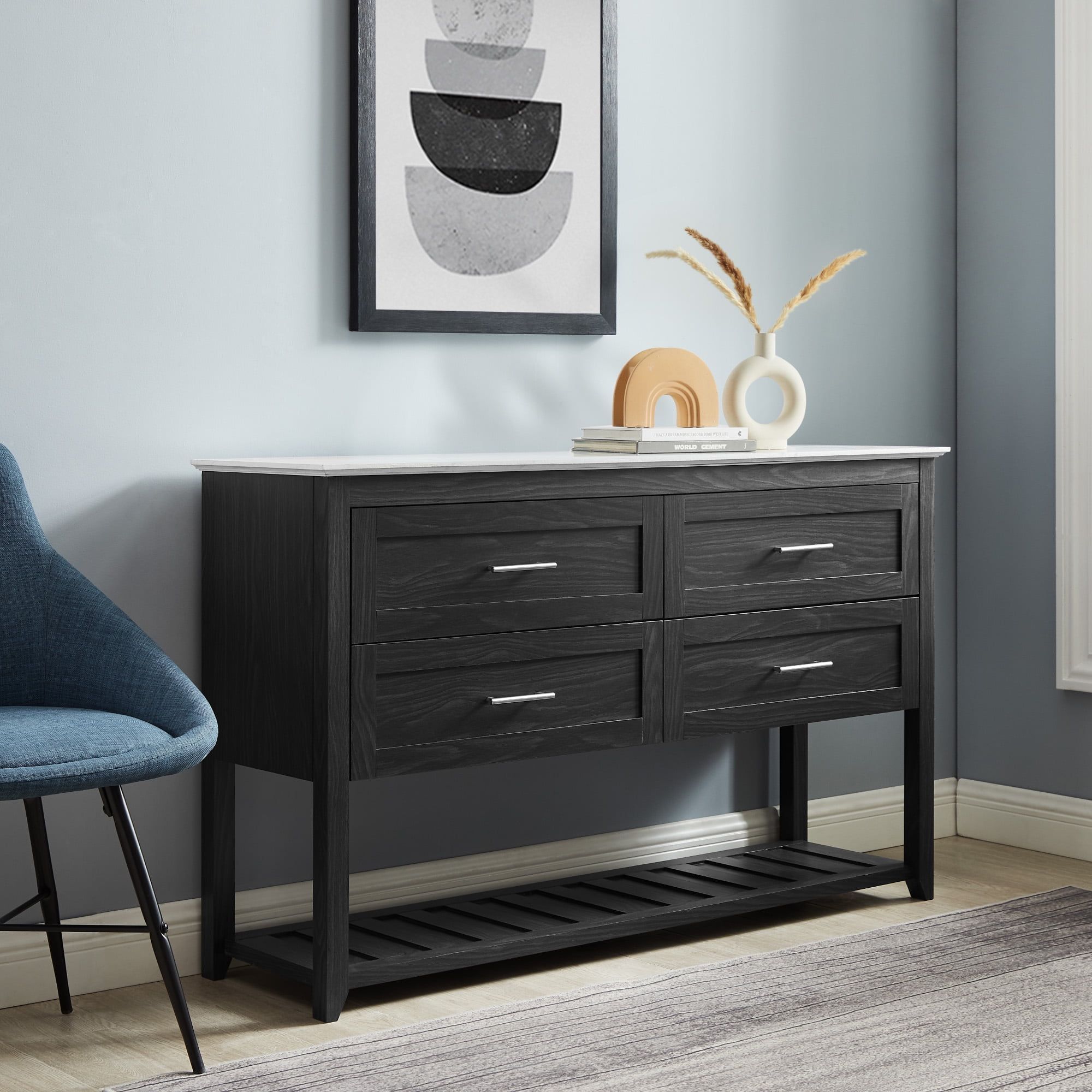 Graphite and White Marble 54" 4-Drawer Buffet with Lower Shelf