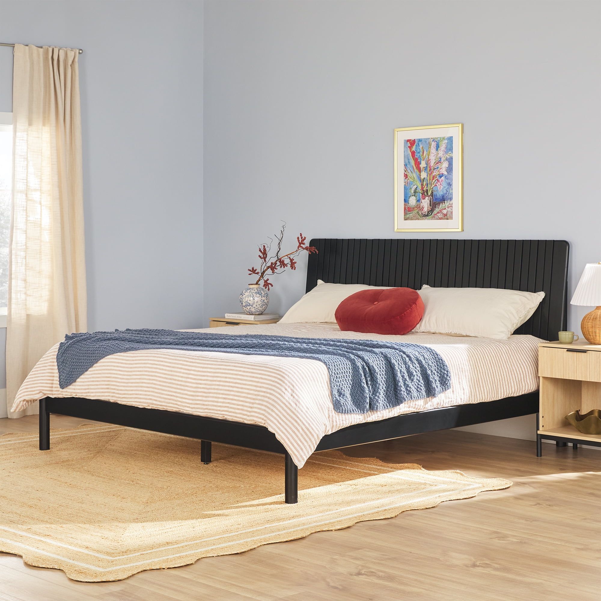 Black Pine Wood King Bed Frame with Upholstered Headboard