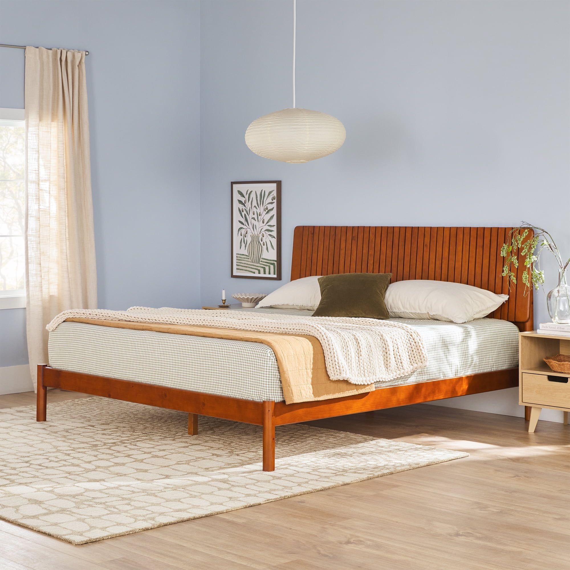 King Brown Pine Wood Upholstered Platform Bed with Slats