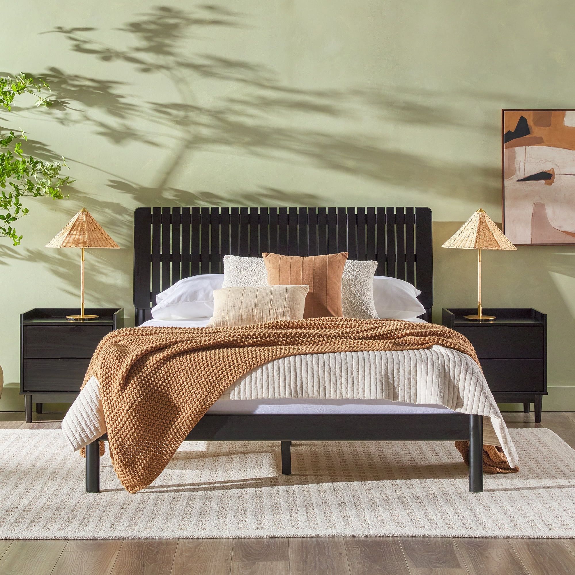Black Pine Wood Queen Bed with Vertical Slat Headboard