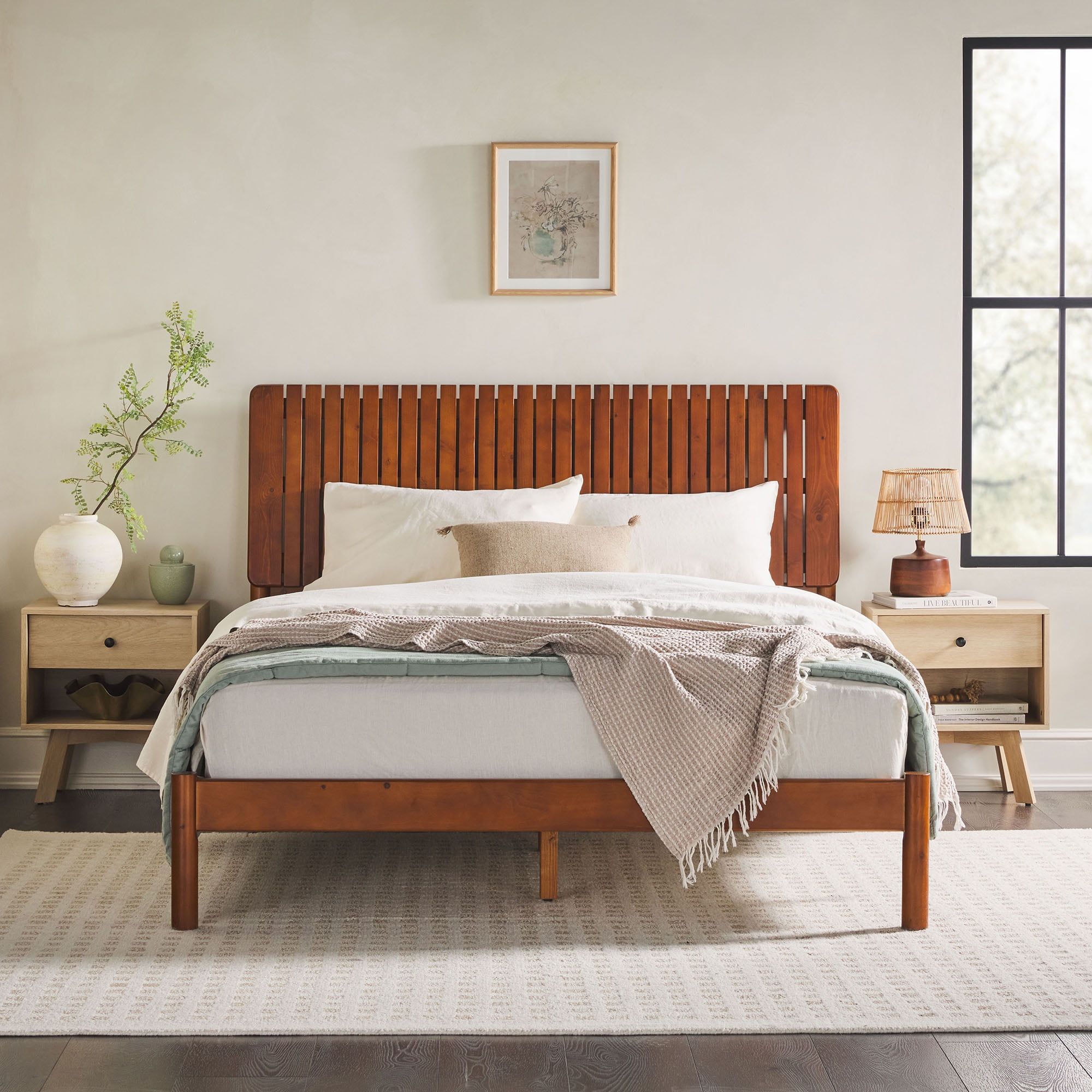 Queen Pine Wood Platform Bed with Slatted Headboard and Drawer