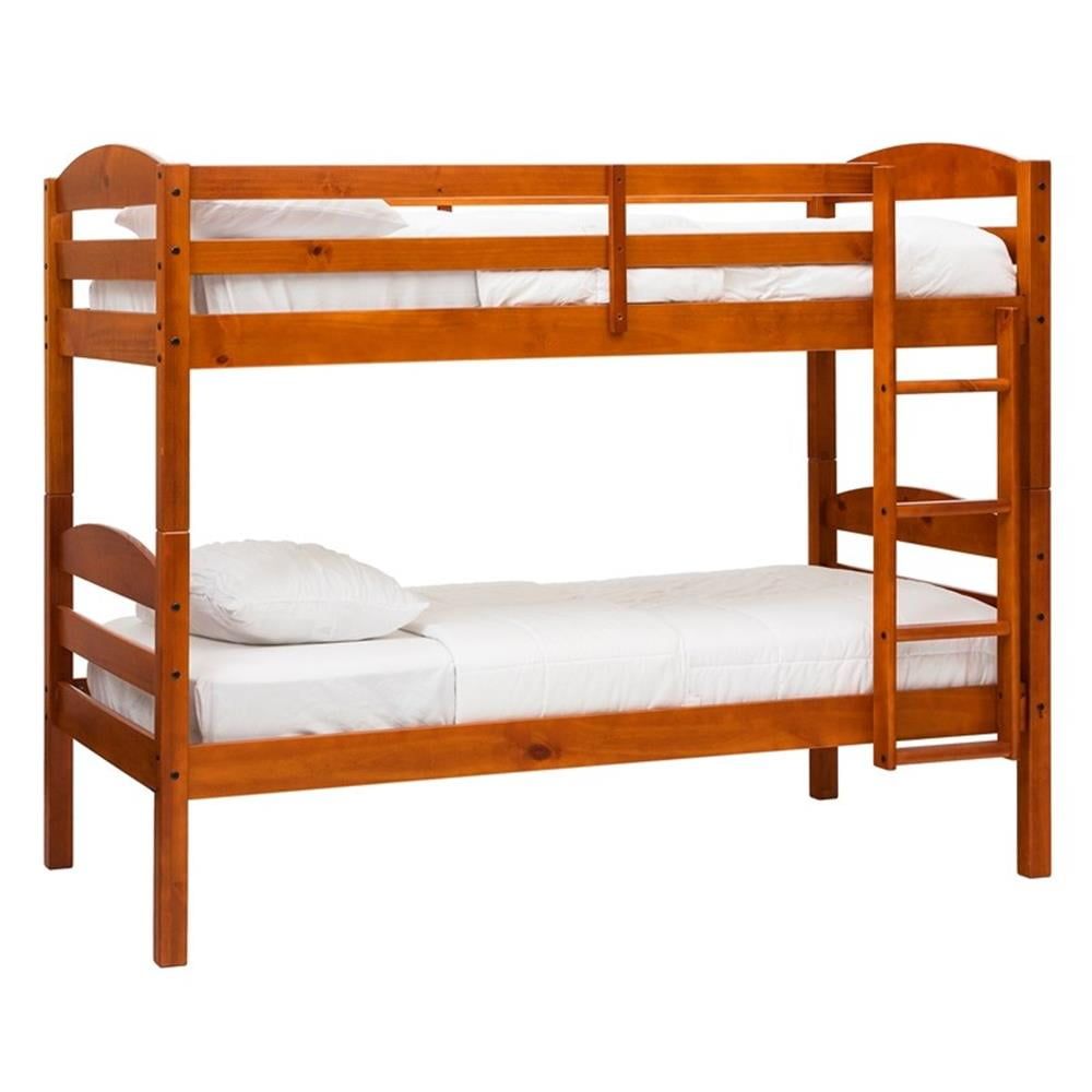 Cherry Pine Twin Bunk Bed Frame with Ladder and Guardrails