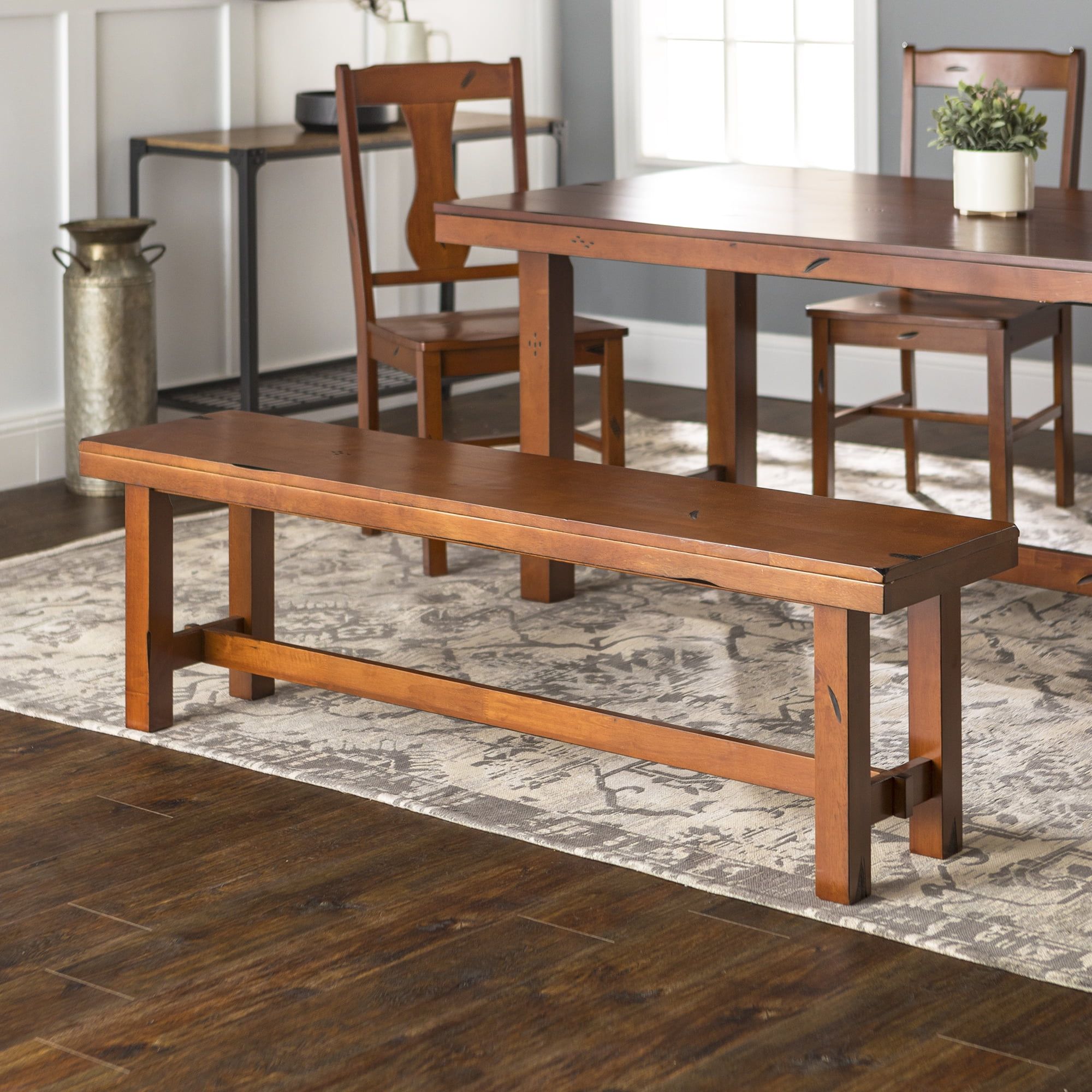 Transitional Solid Wood Dark Oak Dining Bench - Seats 3