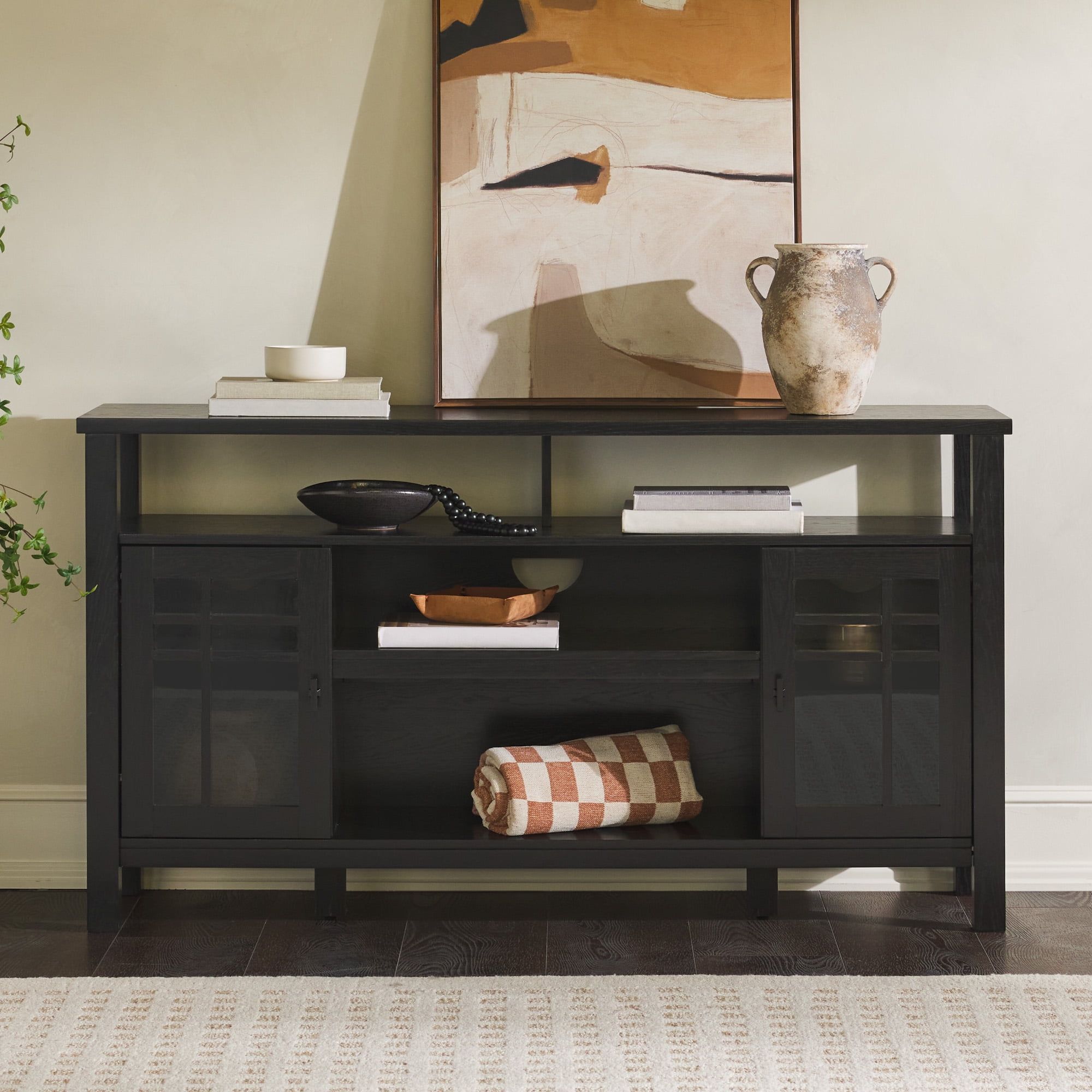 Black 58" Transitional Sideboard with Glass Doors and Open Shelves
