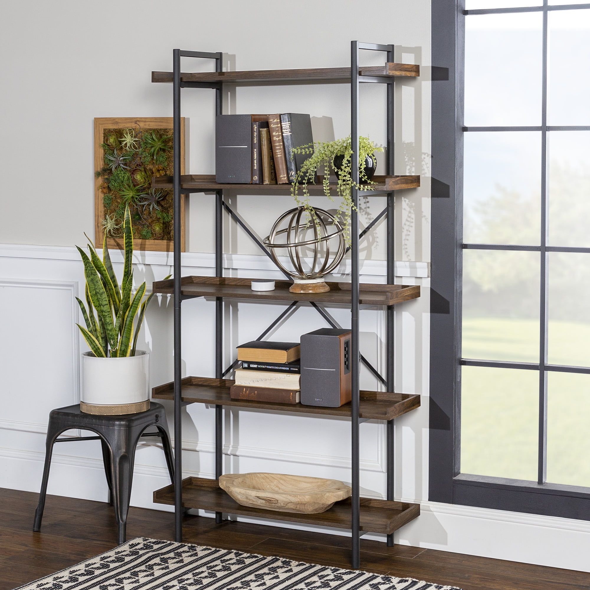 Urban Pipe Dark Walnut 5-Shelf Industrial Bookcase