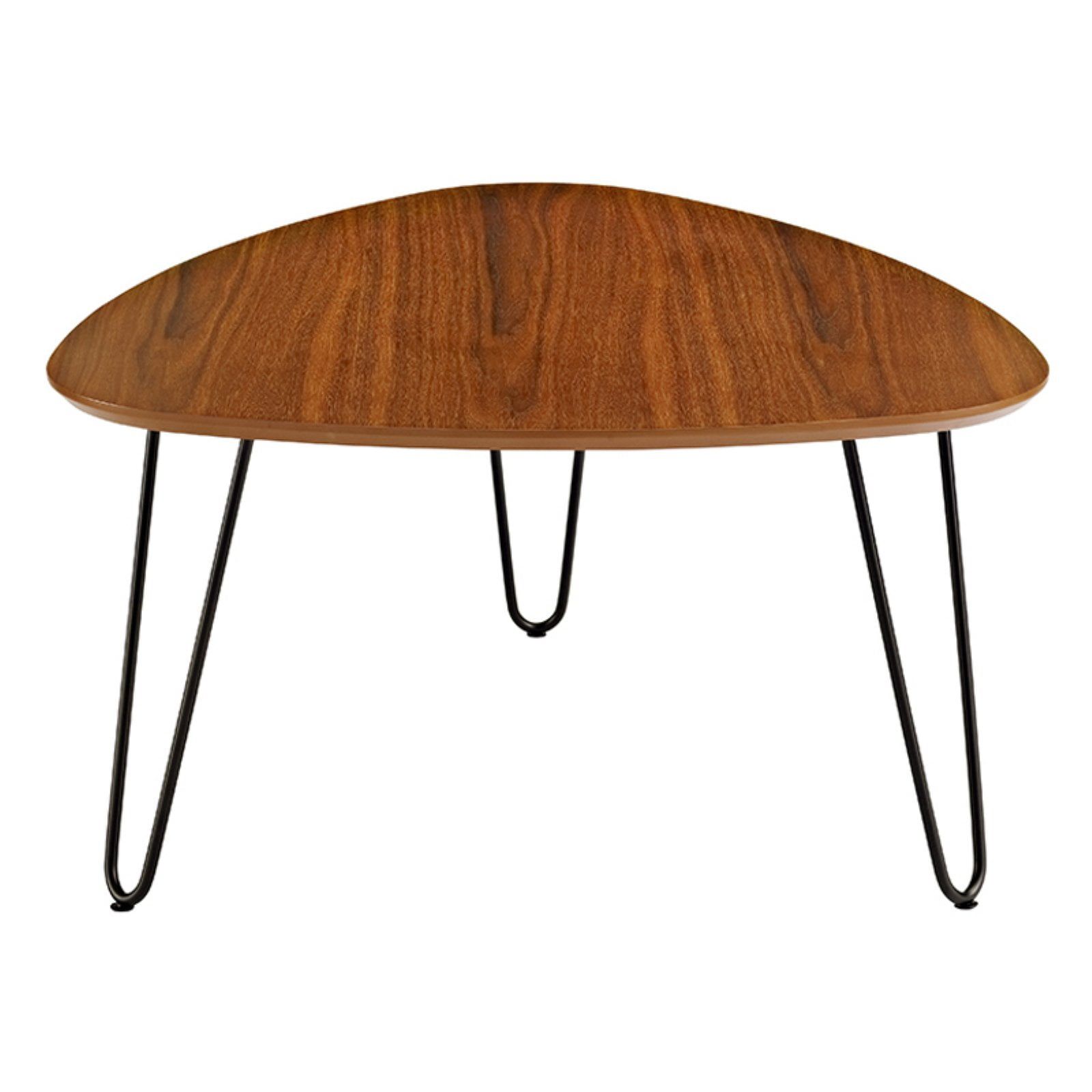 Walnut Triangular Wood Coffee Table with Metal Hairpin Legs