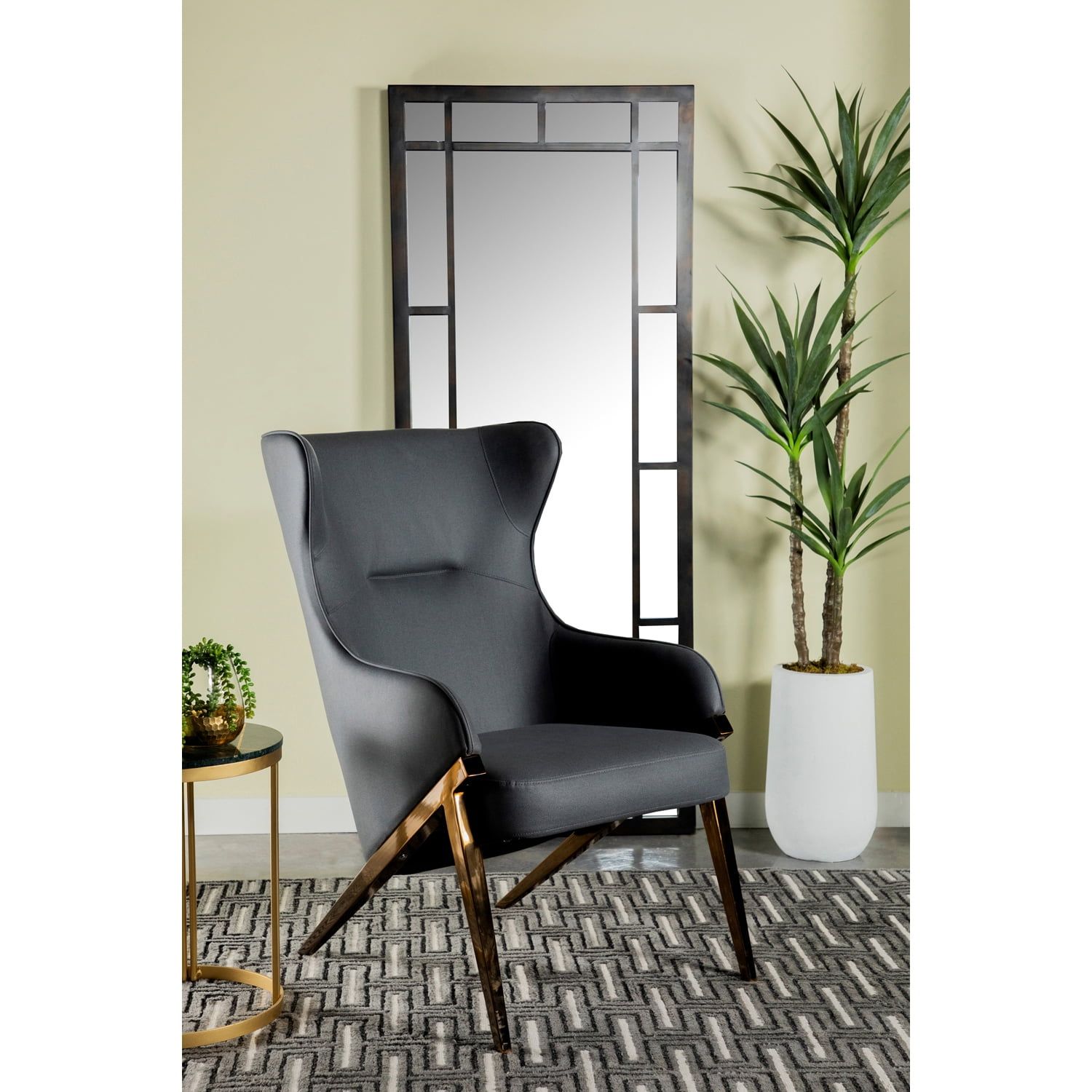 Walker Dark Gray Faux Leather Wingback Accent Chair with Bronze Legs