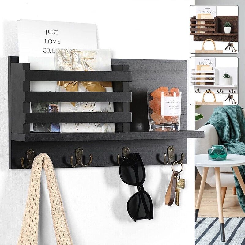 Black Wooden Wall Mount Mail Organizer with Key Hooks and Shelf