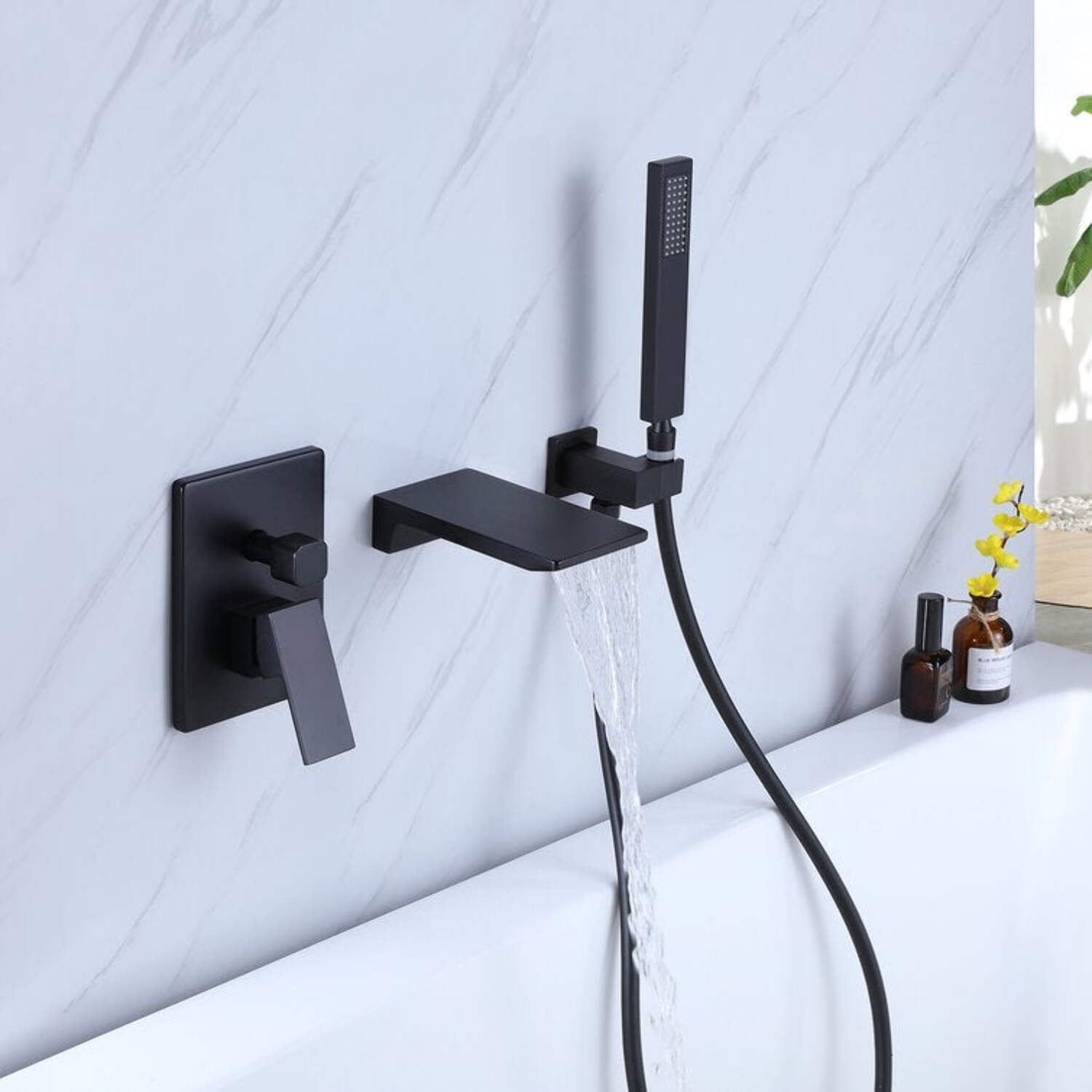 Matte Black Brass Wall Mount Waterfall Tub Faucet with Handheld Shower