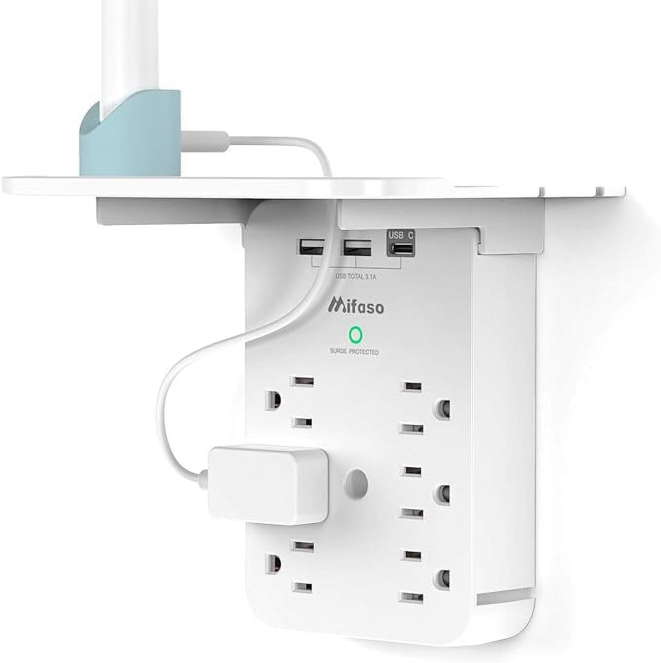 White Wall Outlet Extender with Shelf and USB Ports