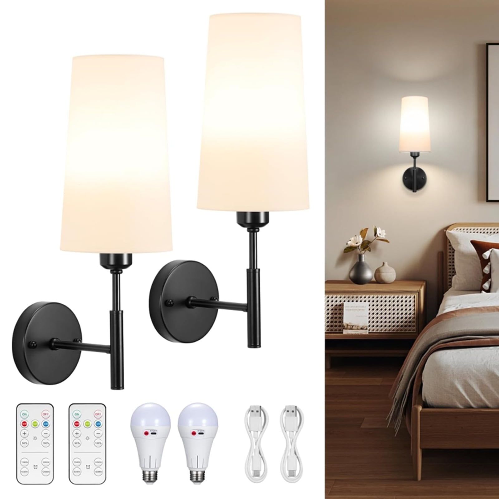 Black and White Fabric Battery Operated Wall Sconce Set