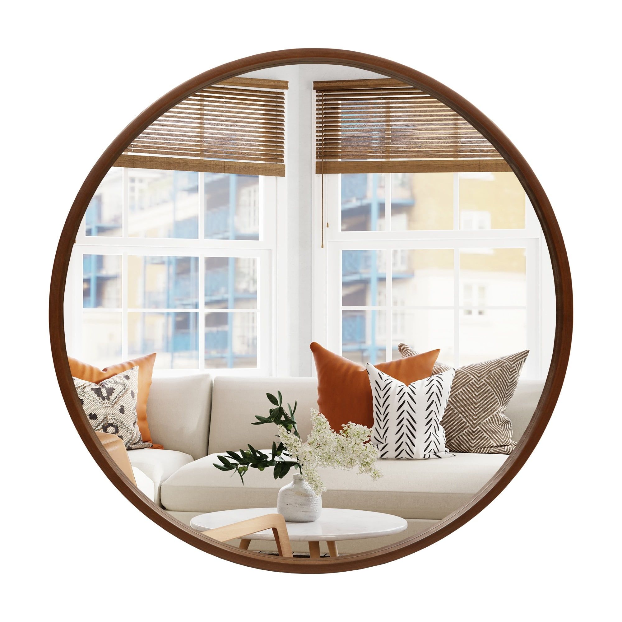 24-Inch Round Walnut Wood Frame Wall Mirror