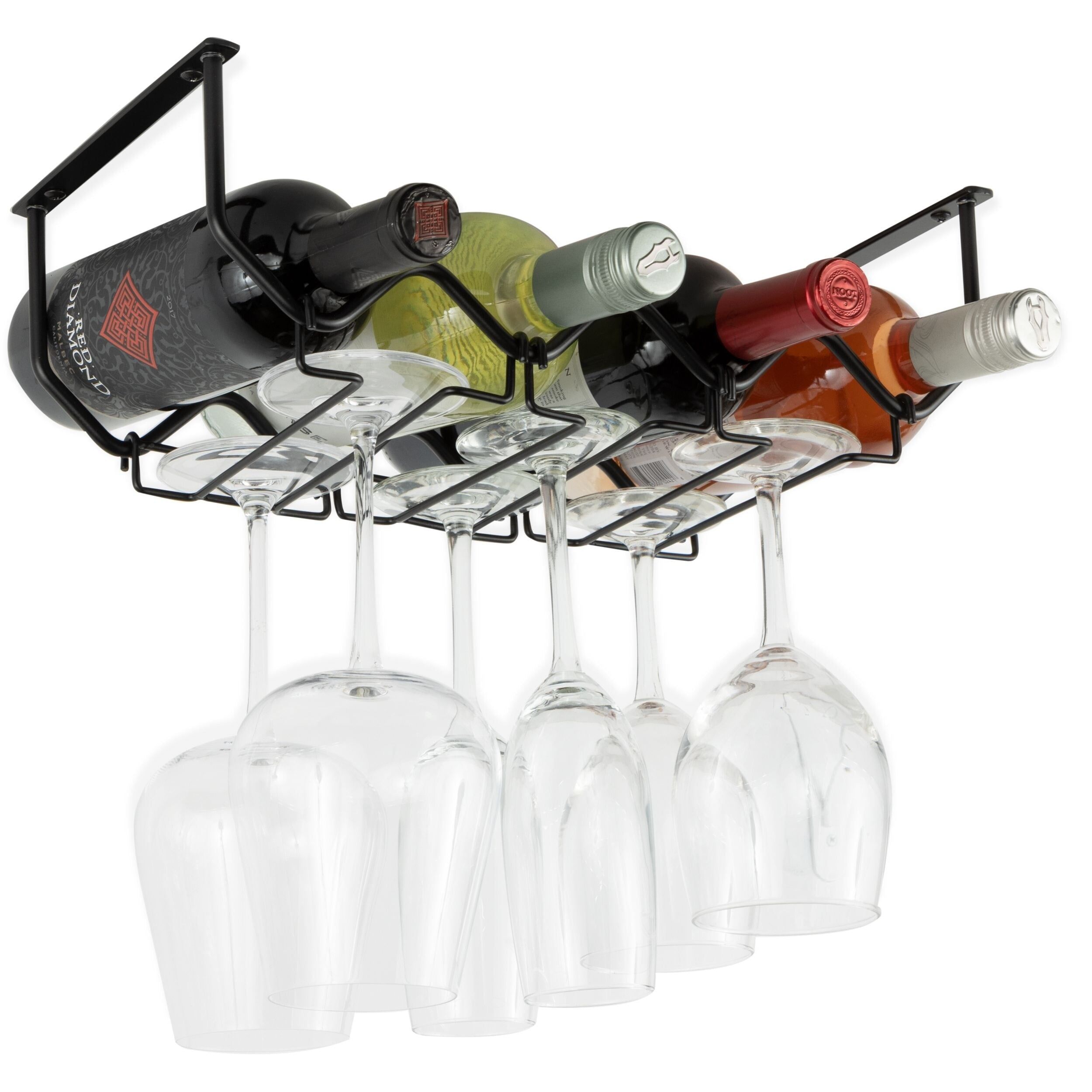 Black Metal Under Cabinet Wine Bottle and Glass Holder