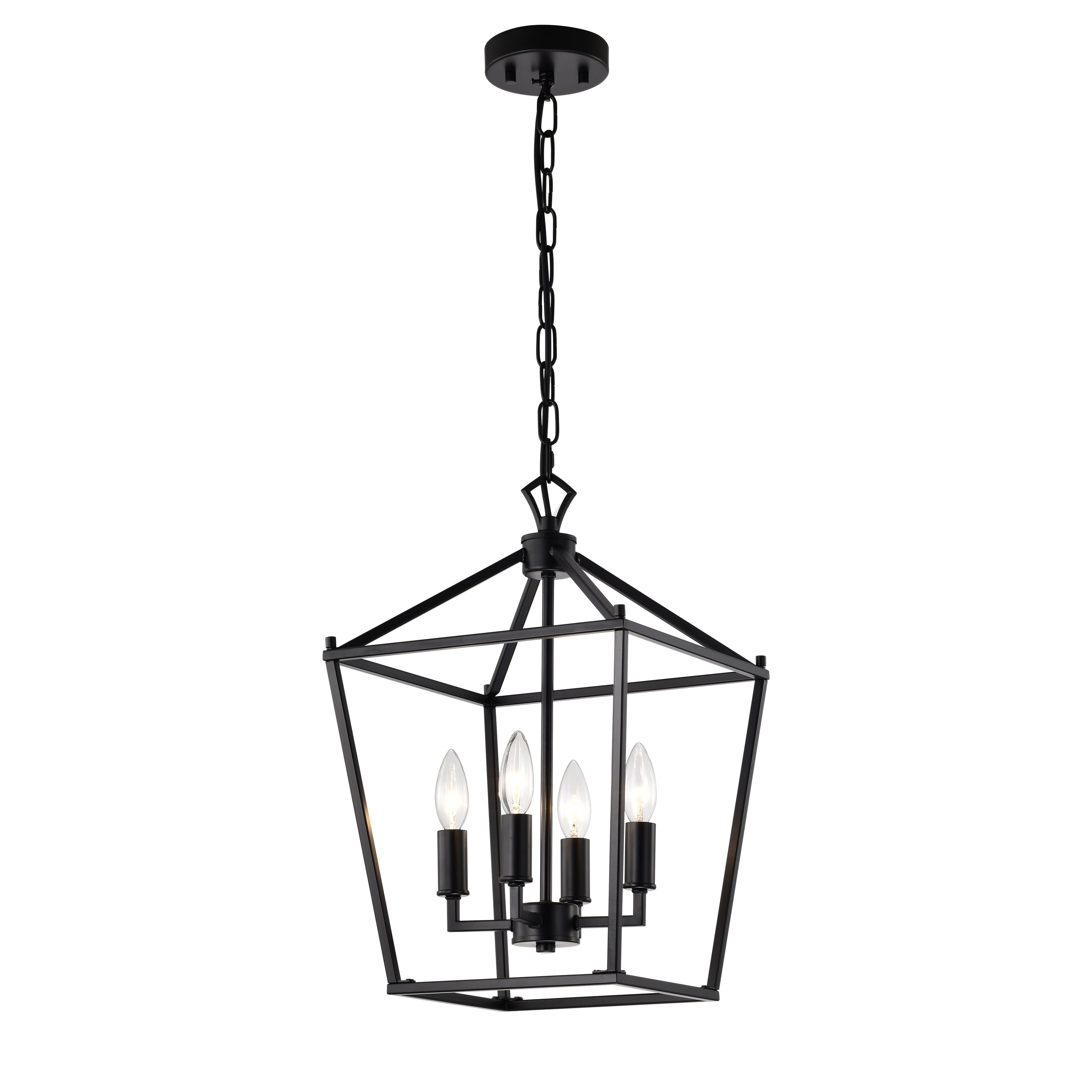 Matte Black Iron Cage Lantern Style Chandelier, 16.9" Height