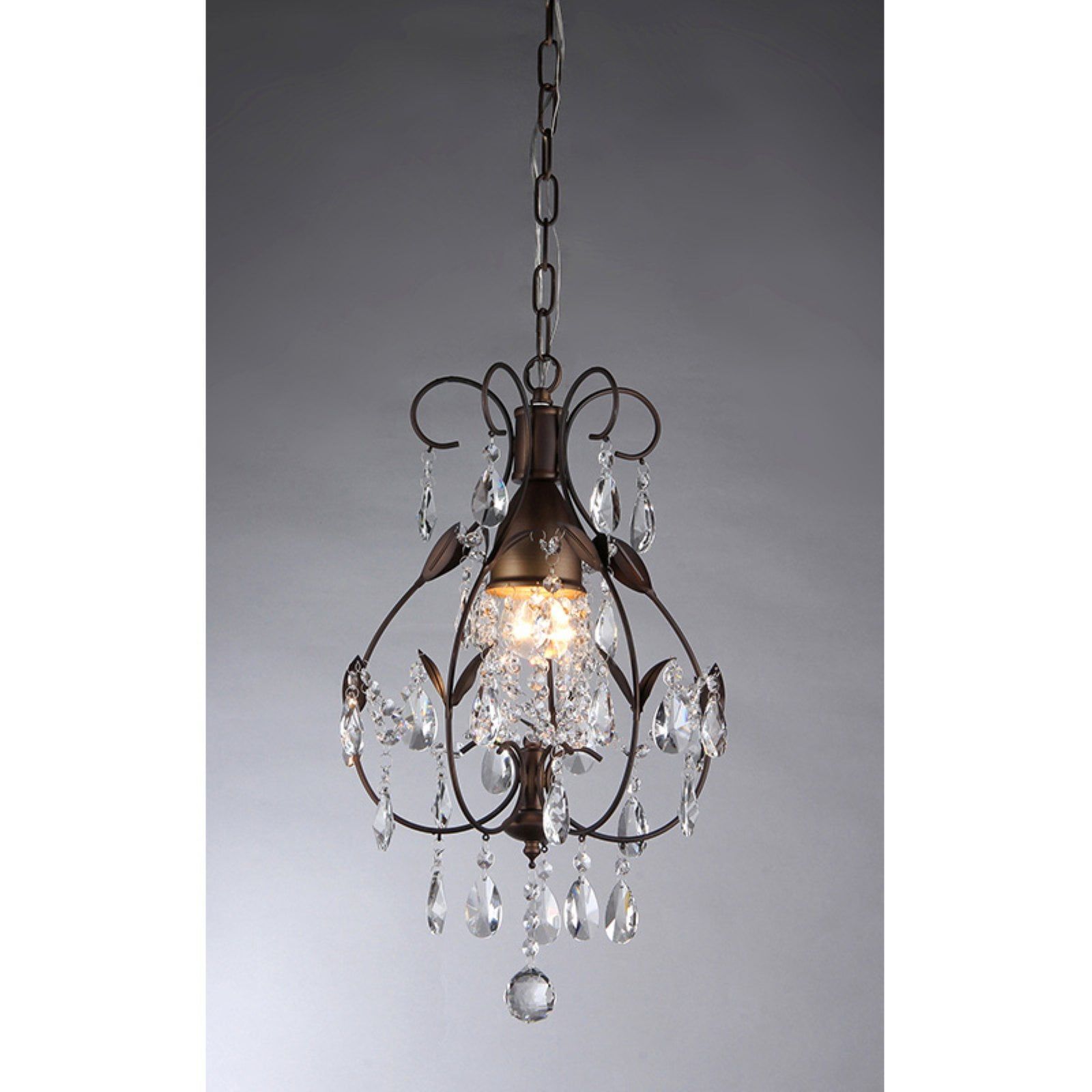 Antiqued Bronze Leaf-Design Chandelier with Hanging Crystals